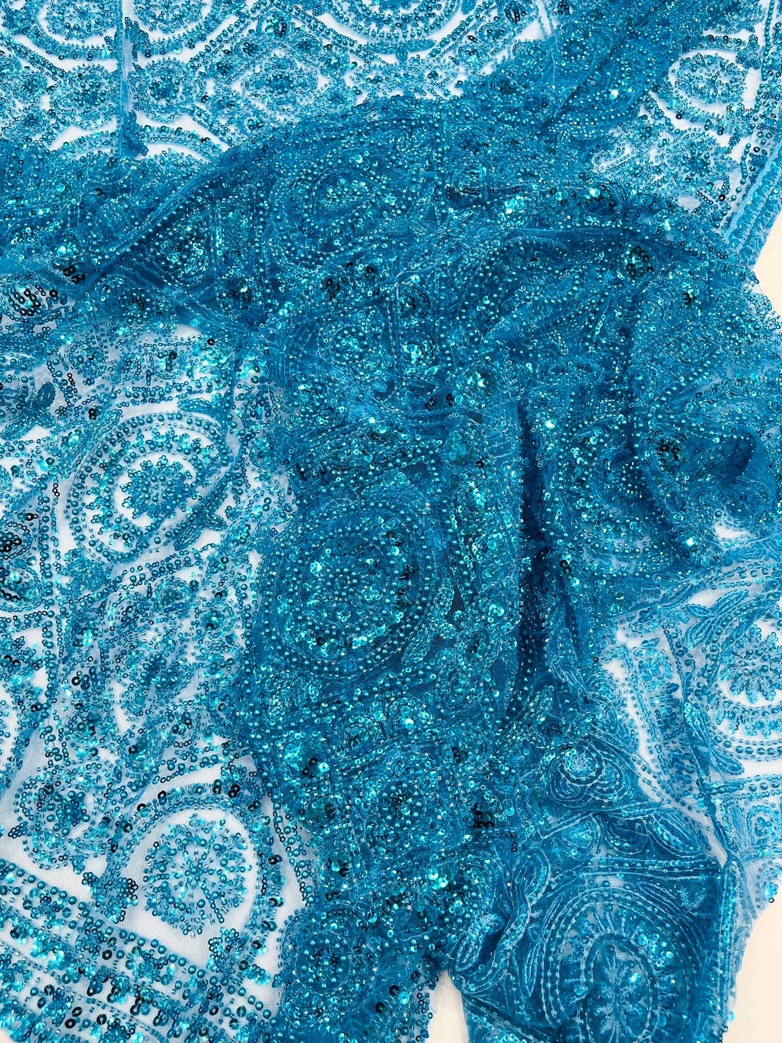 Beaded Lace Fabric, Heavy Embroidered Geometric Design on 58" Mesh - New Creations Fabric & Foam Inc