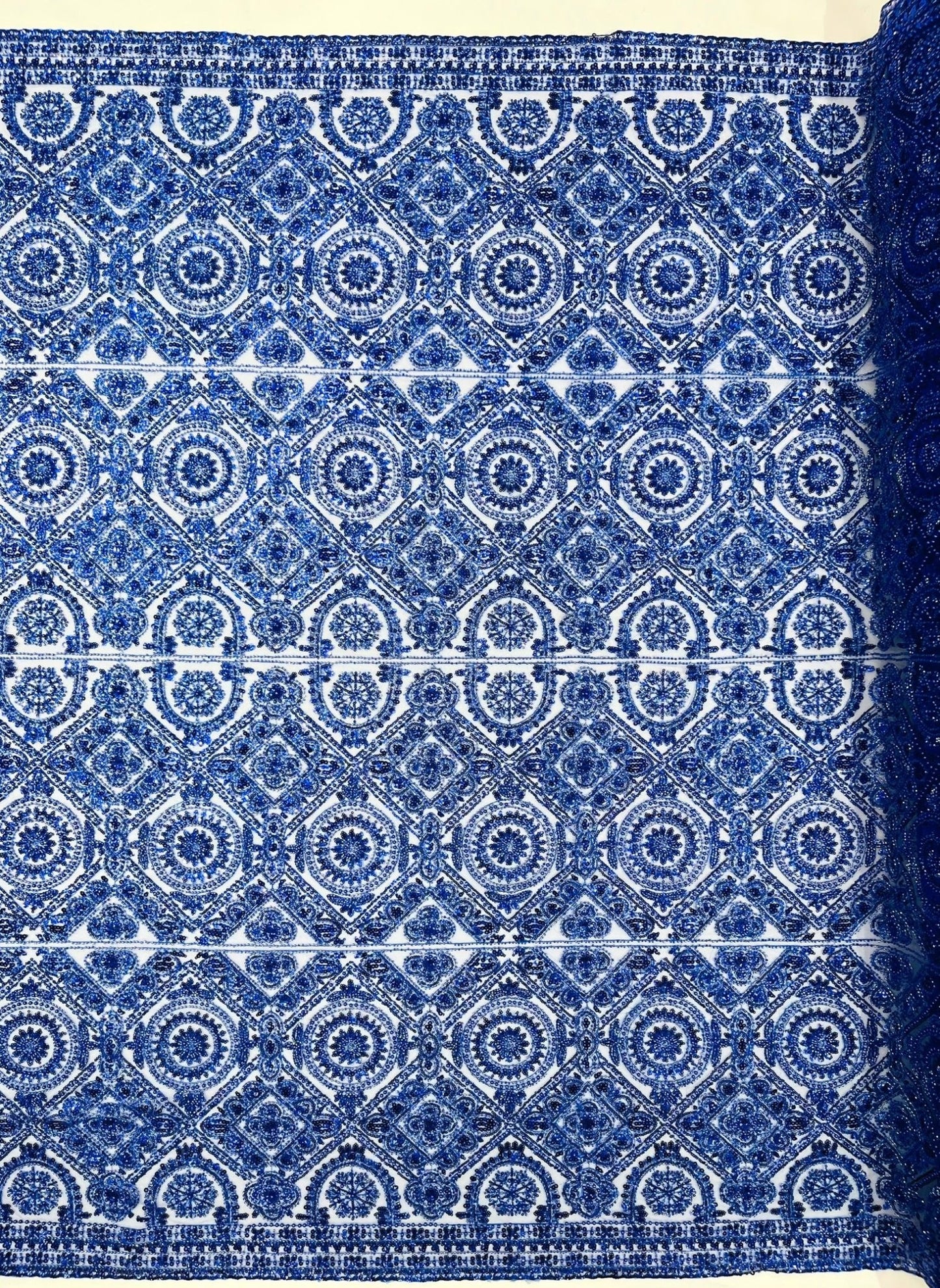Beaded Lace Fabric, Heavy Embroidered Geometric Design on 58" Mesh - New Creations Fabric & Foam Inc