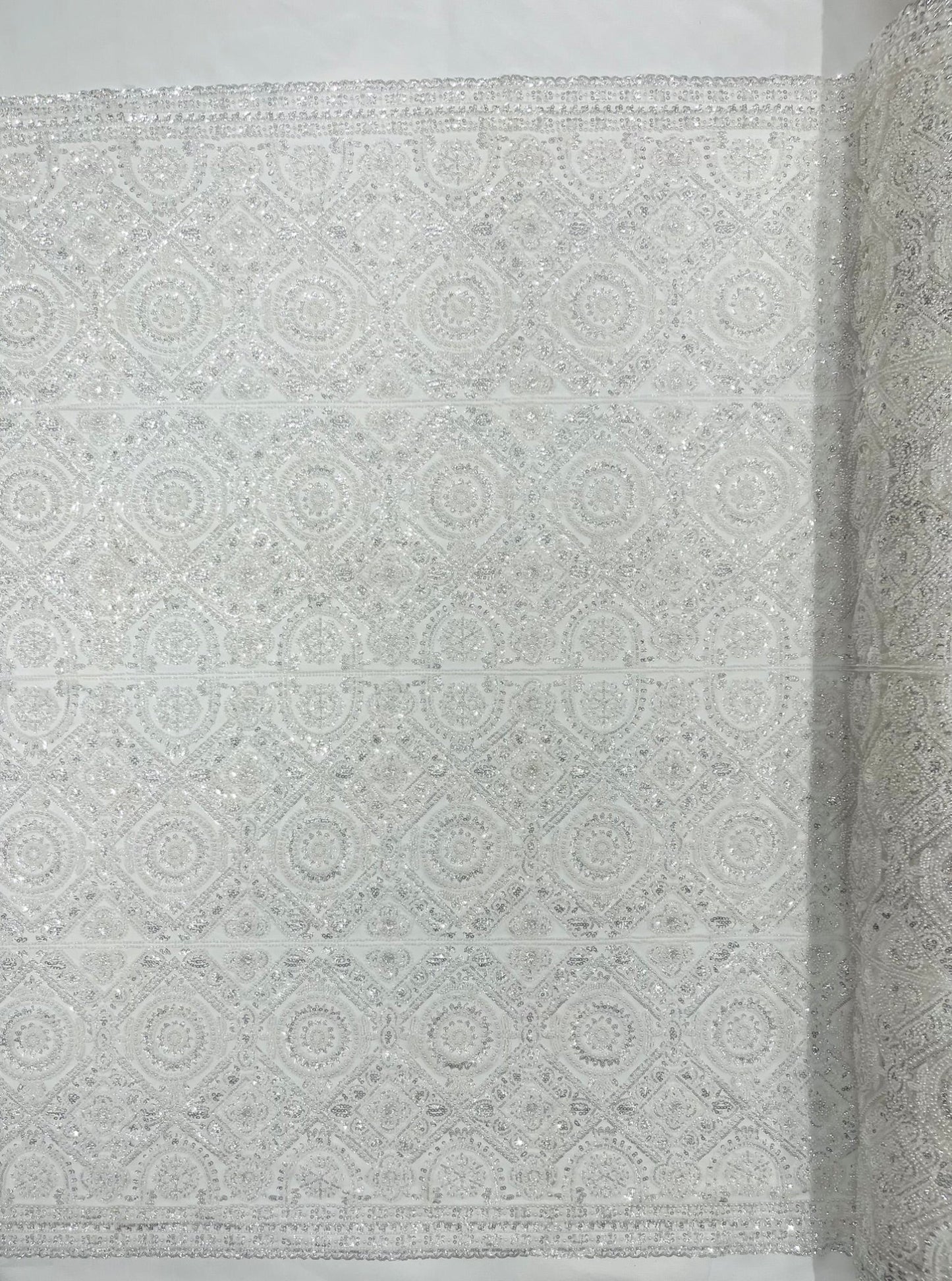 Beaded Lace Fabric, Heavy Embroidered Geometric Design on 58" Mesh - New Creations Fabric & Foam Inc