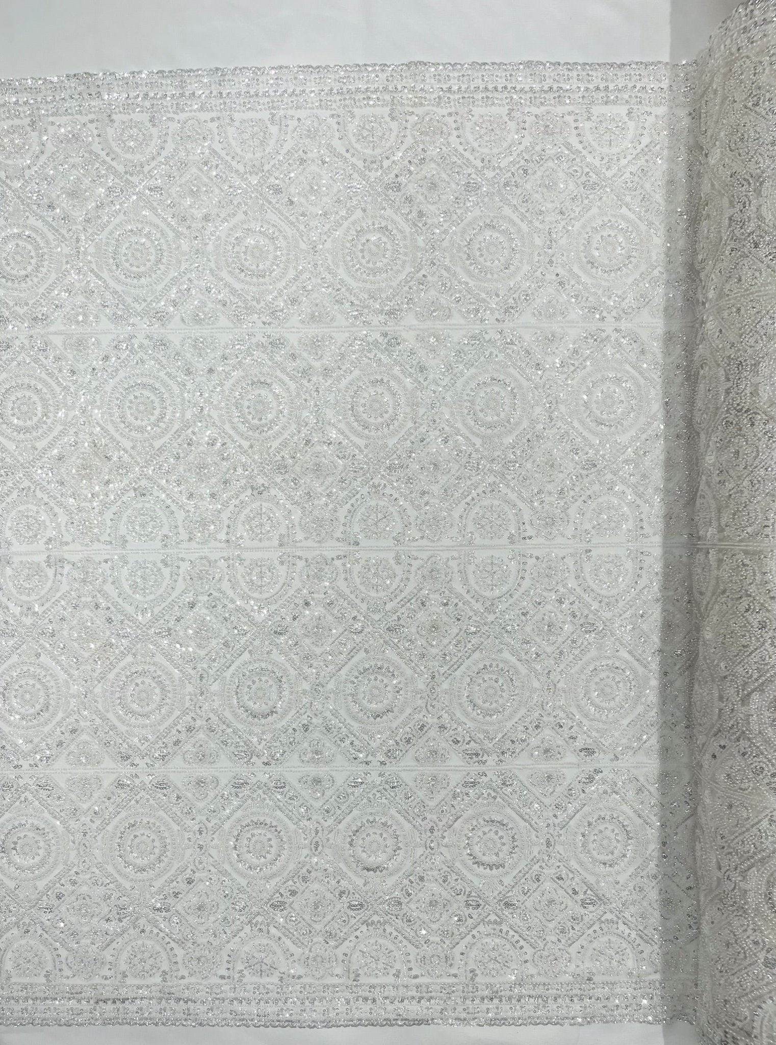Beaded Lace Fabric, Heavy Embroidered Geometric Design on 58" Mesh - New Creations Fabric & Foam Inc