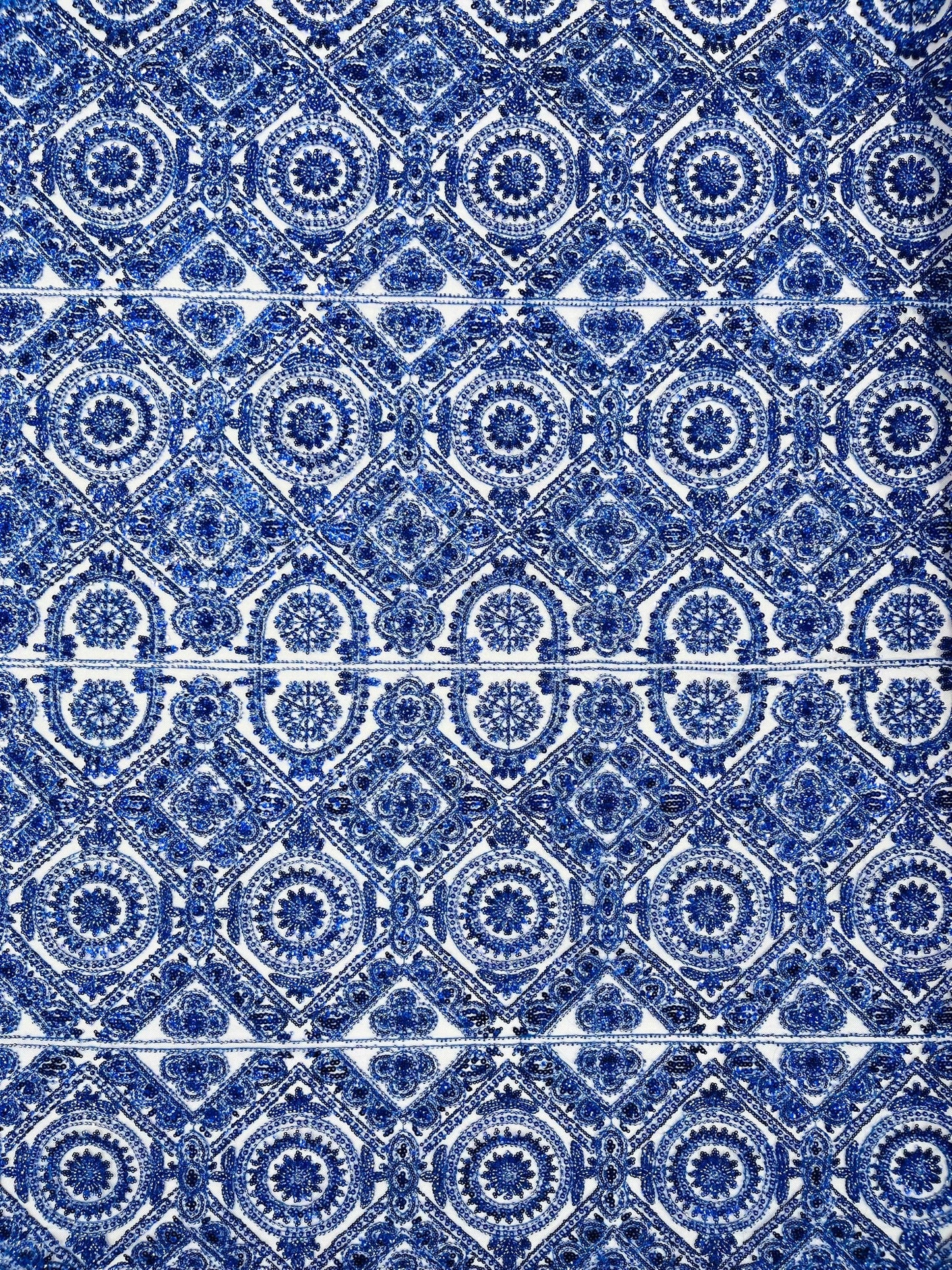 Beaded Lace Fabric, Heavy Embroidered Geometric Design on 58" Mesh - New Creations Fabric & Foam Inc