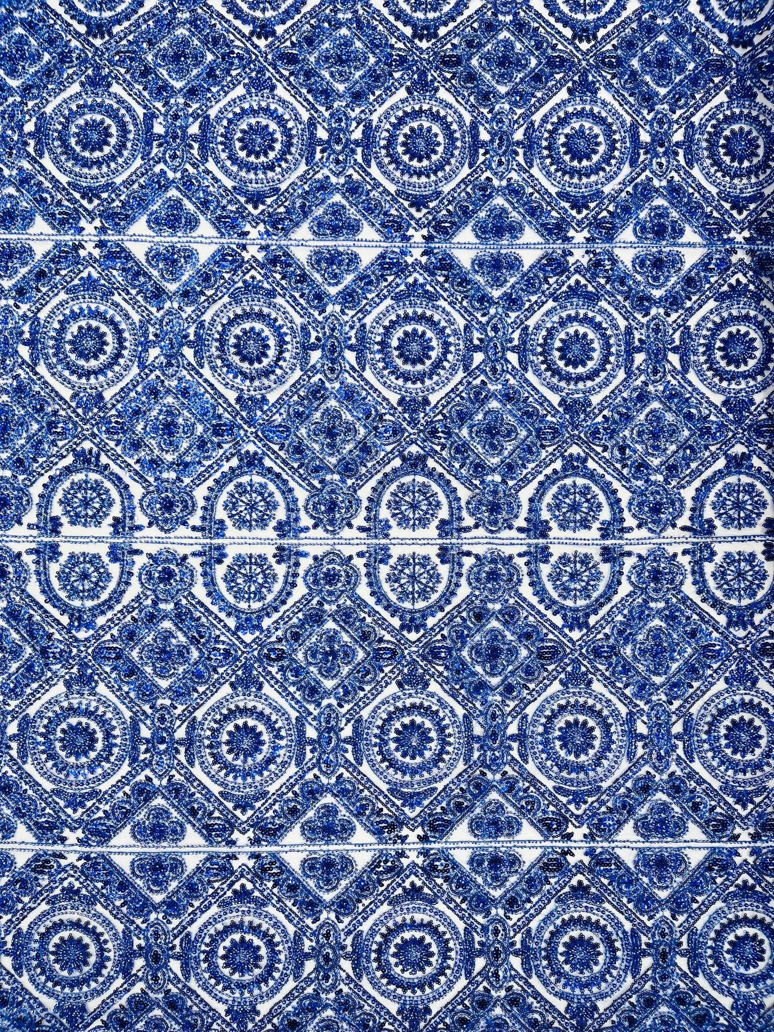 Beaded Lace Fabric, Heavy Embroidered Geometric Design on 58" Mesh - New Creations Fabric & Foam Inc