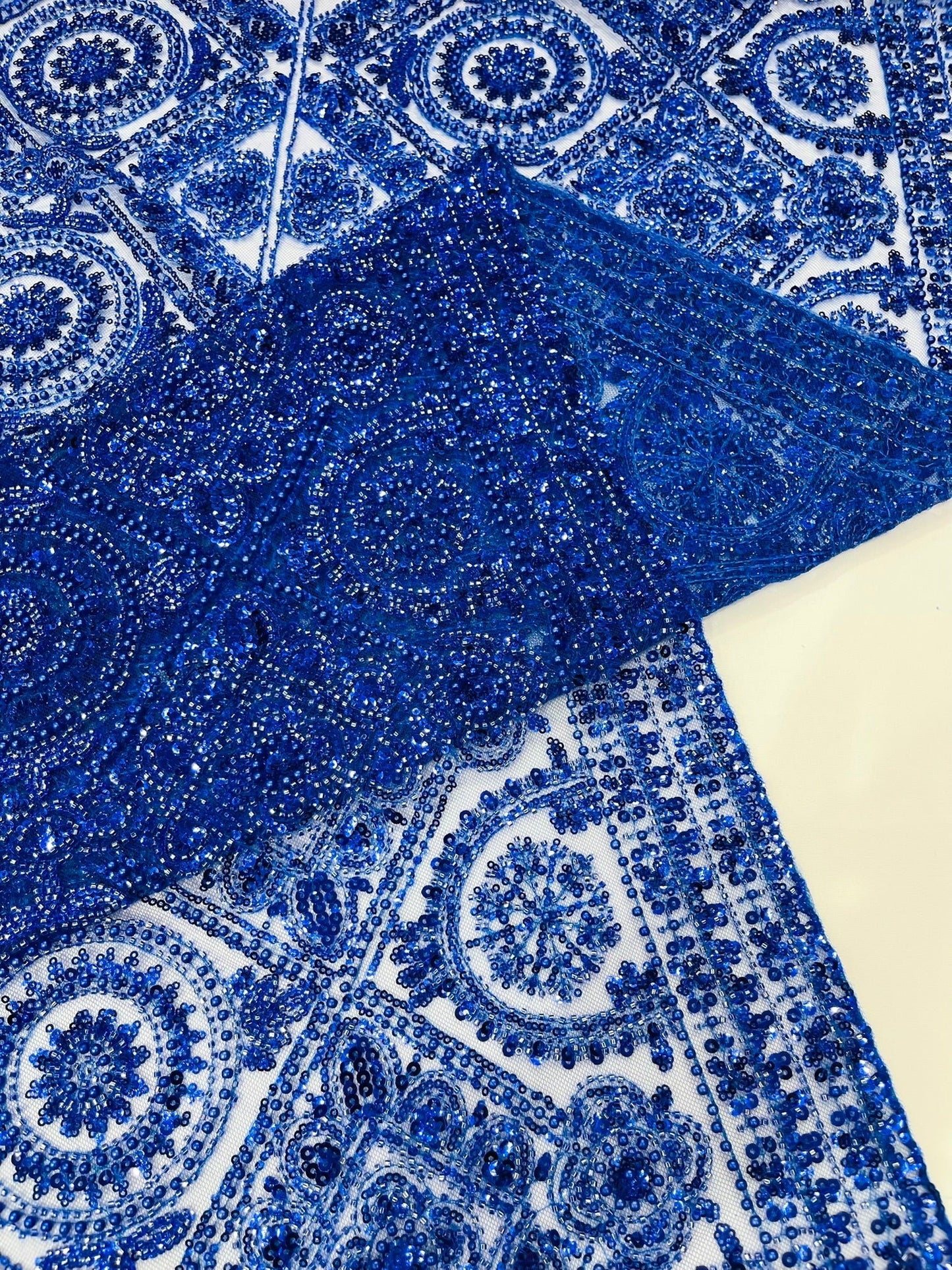 Beaded Lace Fabric, Heavy Embroidered Geometric Design on 58" Mesh - New Creations Fabric & Foam Inc