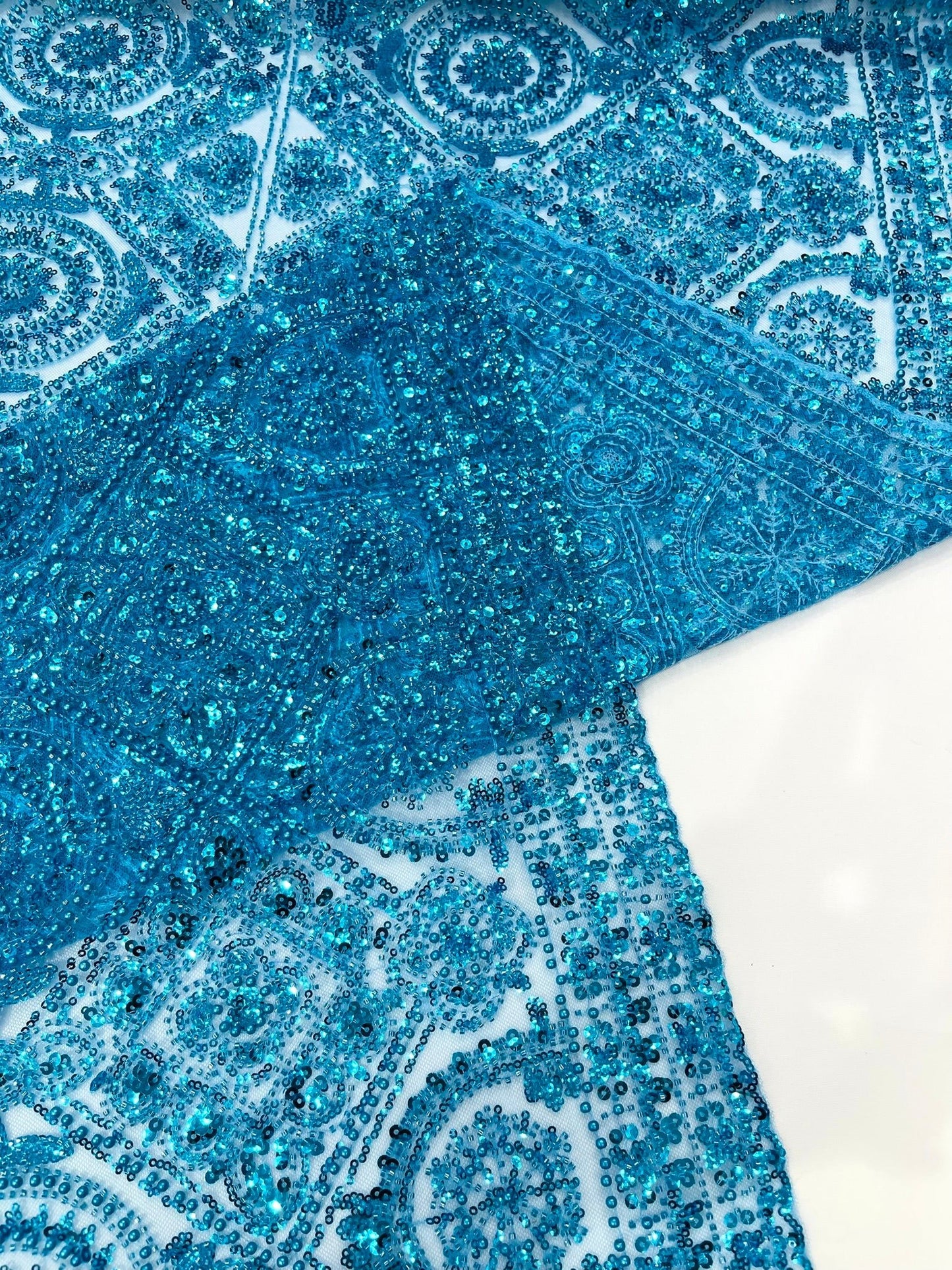 Beaded Lace Fabric, Heavy Embroidered Geometric Design on 58" Mesh - New Creations Fabric & Foam Inc