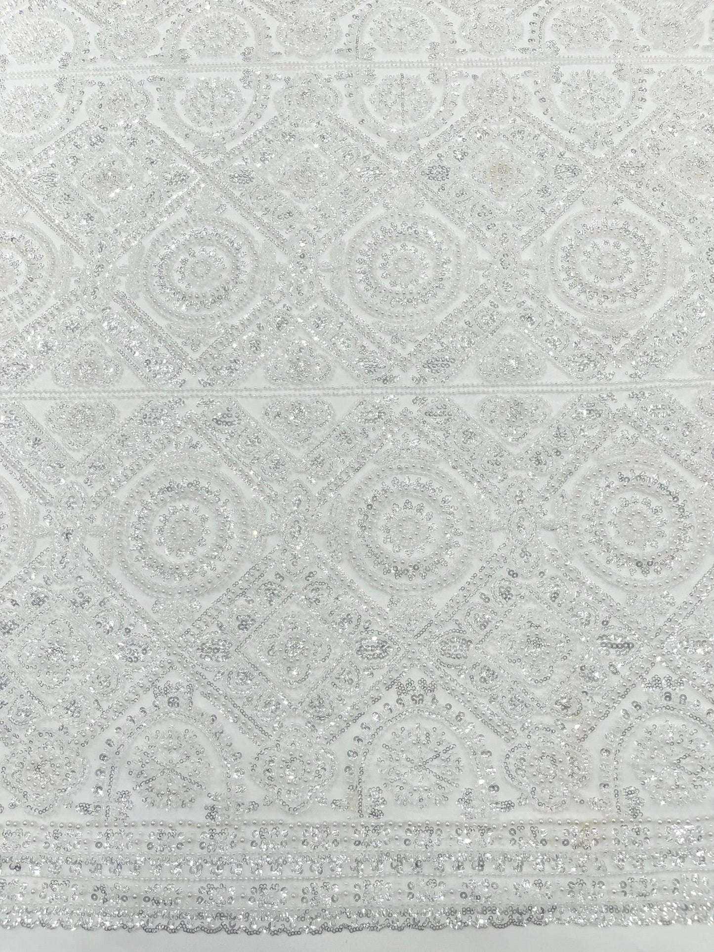 Beaded Lace Fabric, Heavy Embroidered Geometric Design on 58" Mesh - New Creations Fabric & Foam Inc