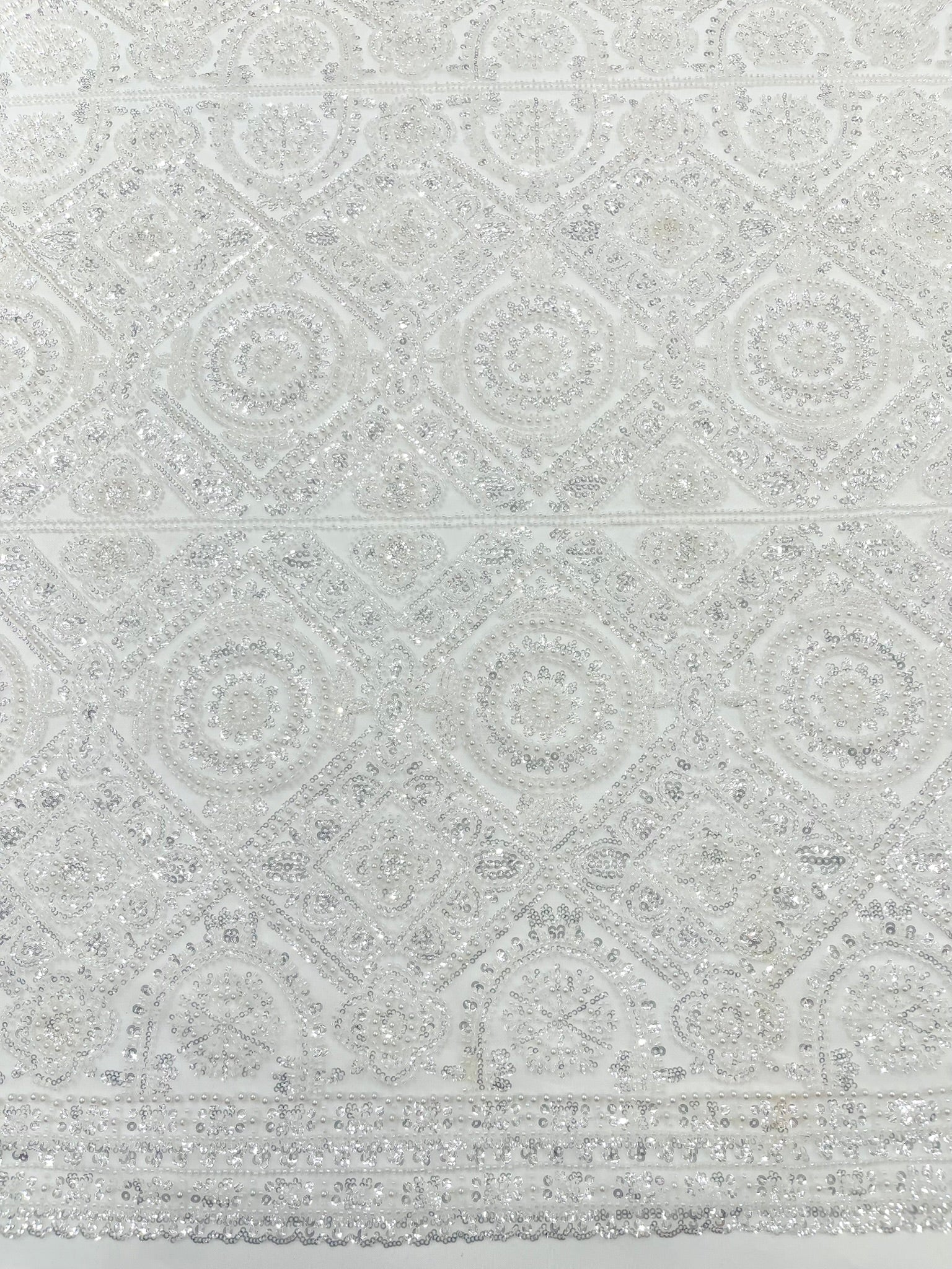 Beaded Lace Fabric, Heavy Embroidered Geometric Design on 58" Mesh - New Creations Fabric & Foam Inc