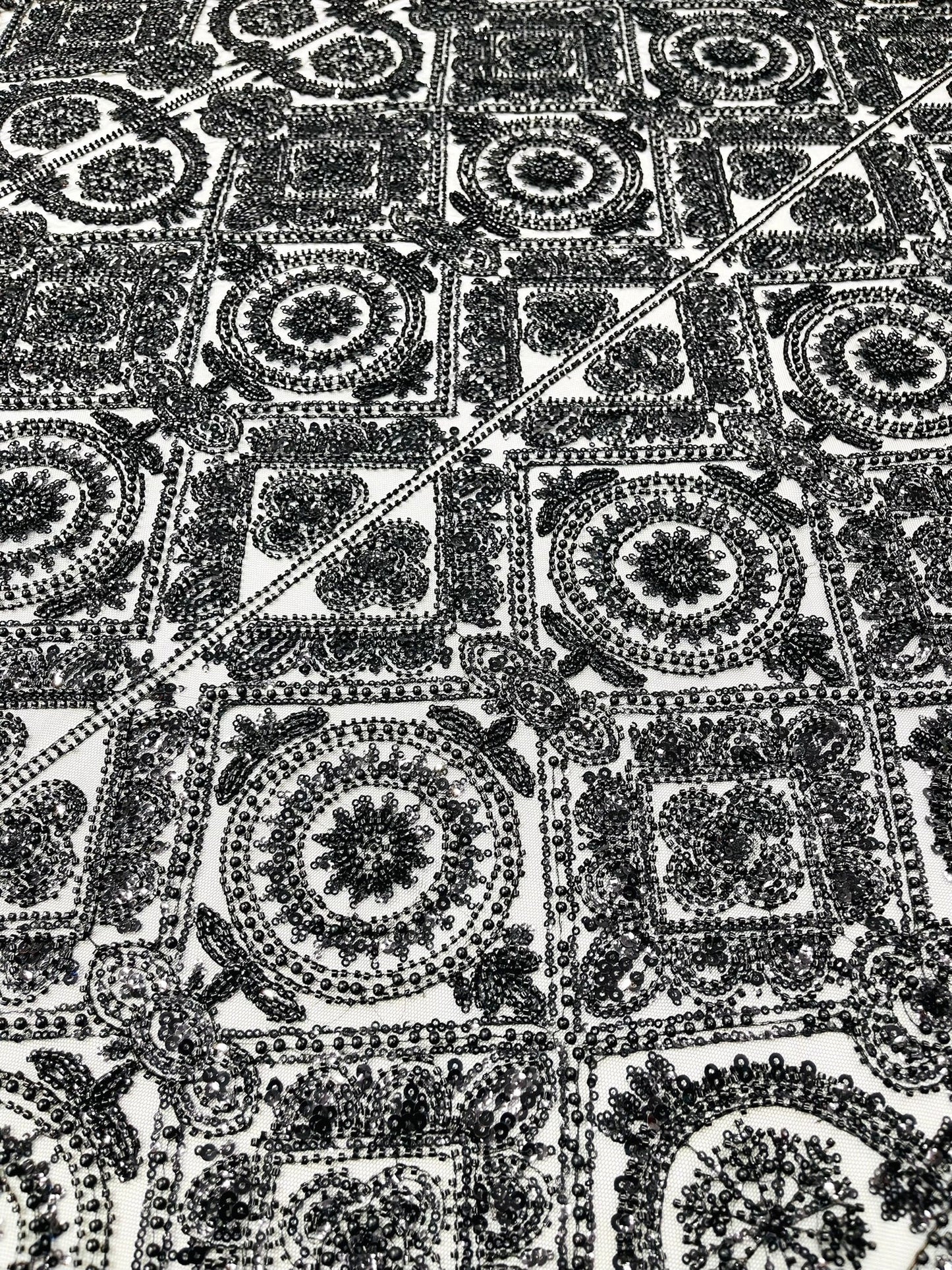 Beaded Lace Fabric, Heavy Embroidered Geometric Design on 58" Mesh - New Creations Fabric & Foam Inc
