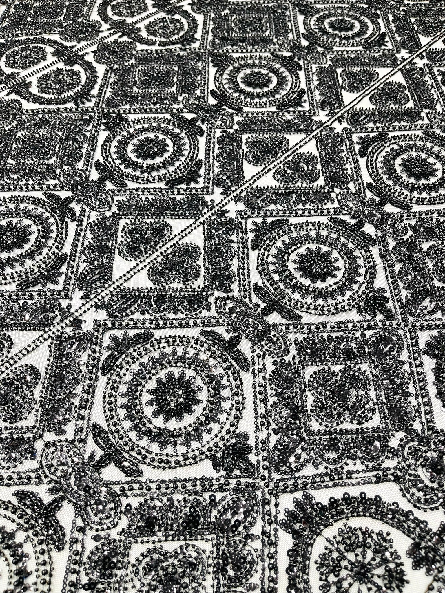 Beaded Lace Fabric, Heavy Embroidered Geometric Design on 58" Mesh - New Creations Fabric & Foam Inc