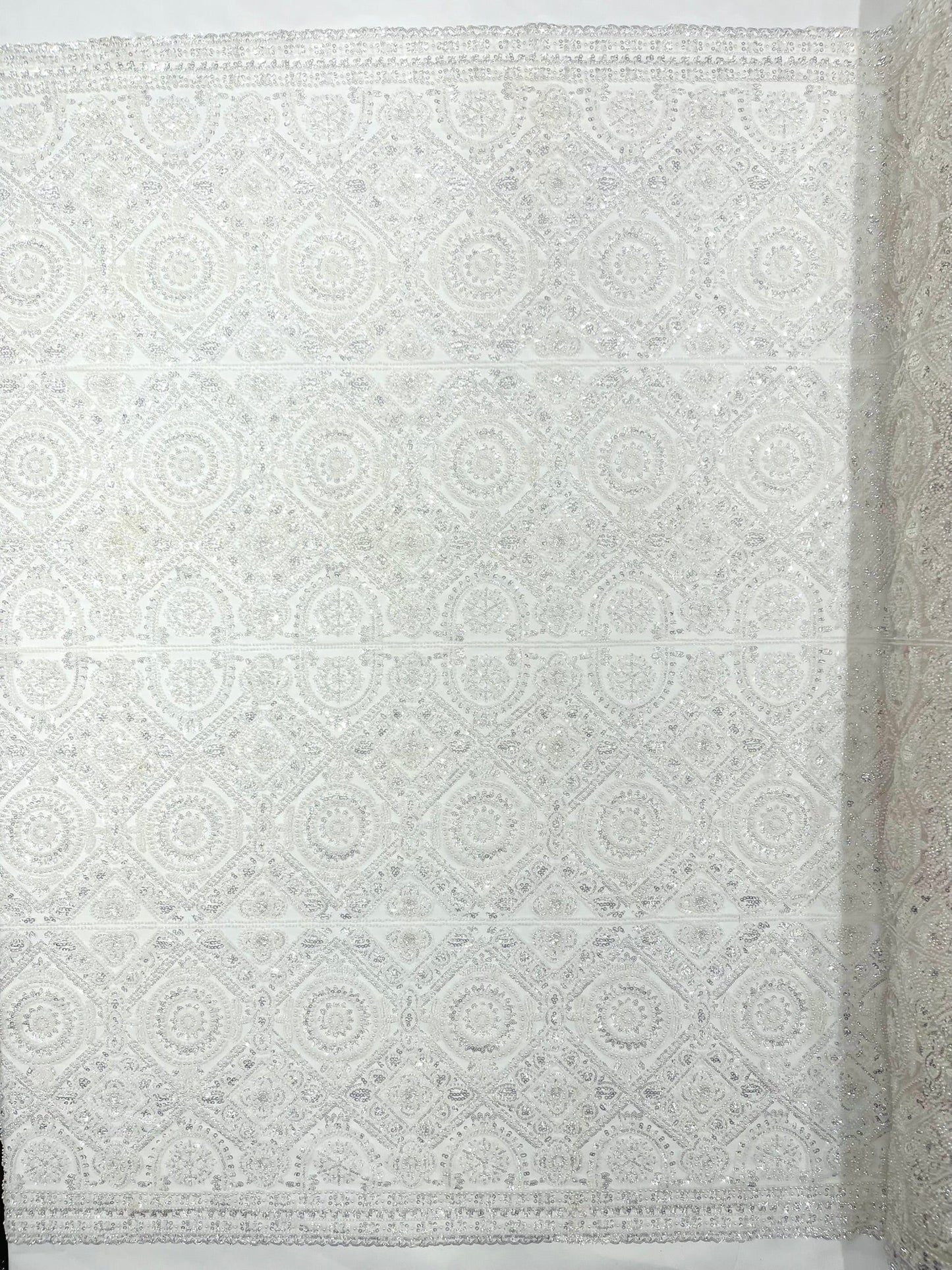 Beaded Lace Fabric, Heavy Embroidered Geometric Design on 58" Mesh - New Creations Fabric & Foam Inc