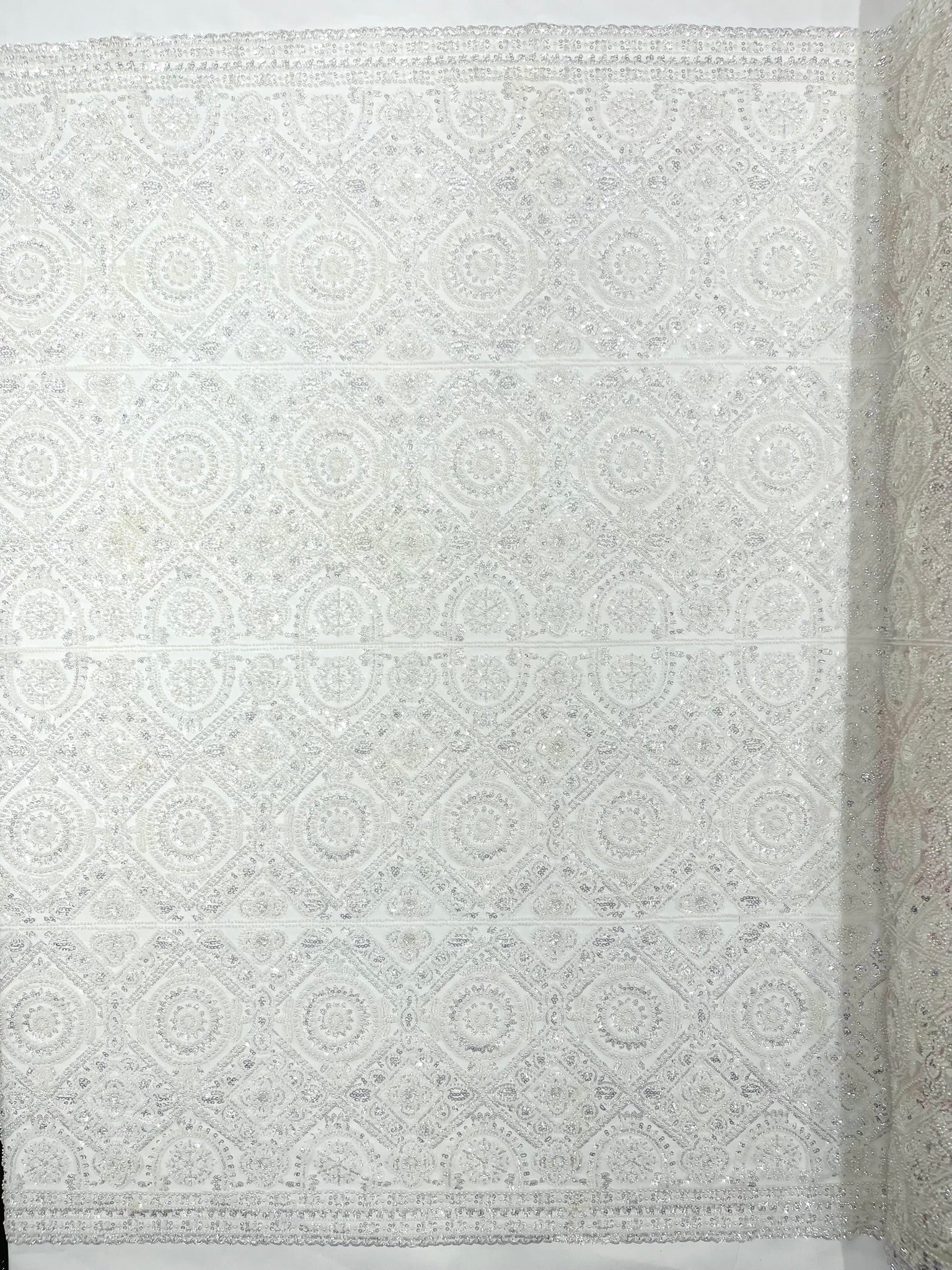 Beaded Lace Fabric, Heavy Embroidered Geometric Design on 58" Mesh - New Creations Fabric & Foam Inc
