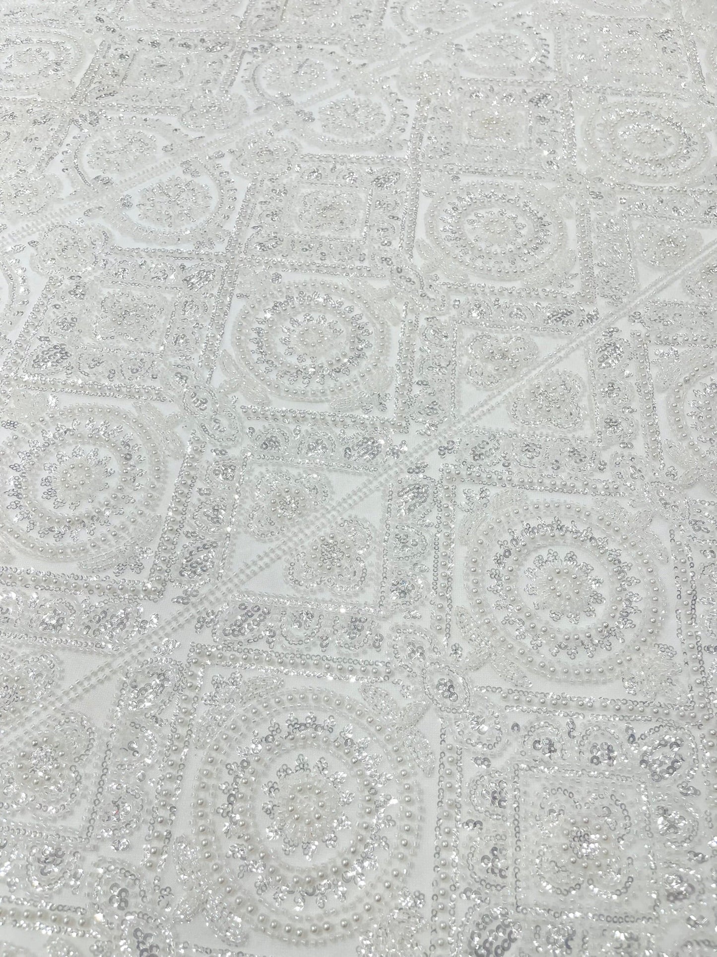 Beaded Lace Fabric, Heavy Embroidered Geometric Design on 58" Mesh - New Creations Fabric & Foam Inc