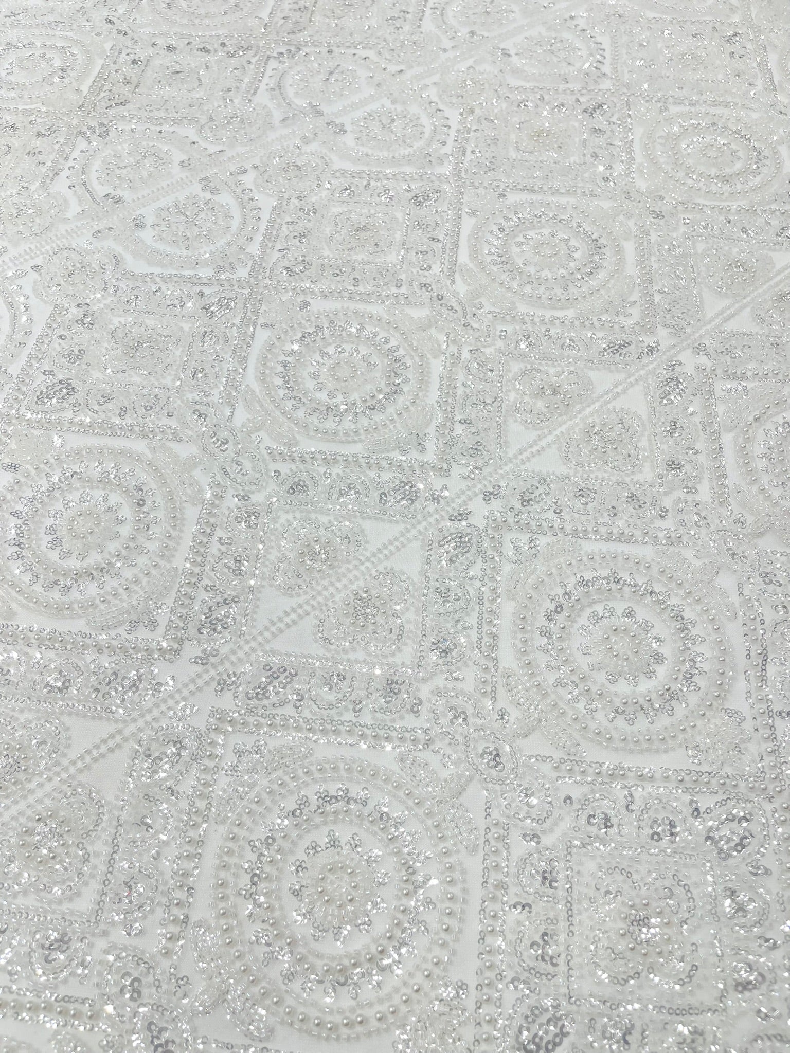 Beaded Lace Fabric, Heavy Embroidered Geometric Design on 58" Mesh - New Creations Fabric & Foam Inc