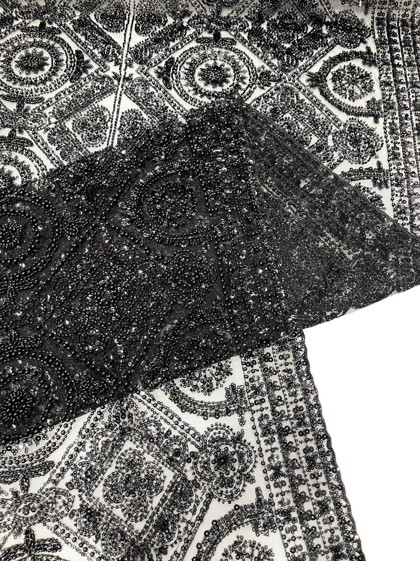 Beaded Lace Fabric, Heavy Embroidered Geometric Design on 58" Mesh - New Creations Fabric & Foam Inc