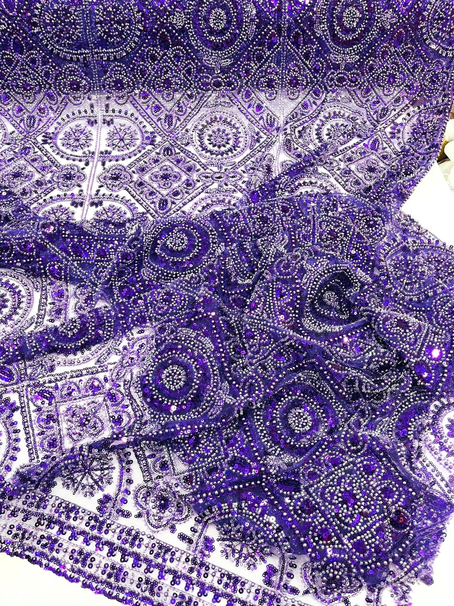 Beaded Lace Fabric, Heavy Embroidered Geometric Design on 58" Mesh - New Creations Fabric & Foam Inc