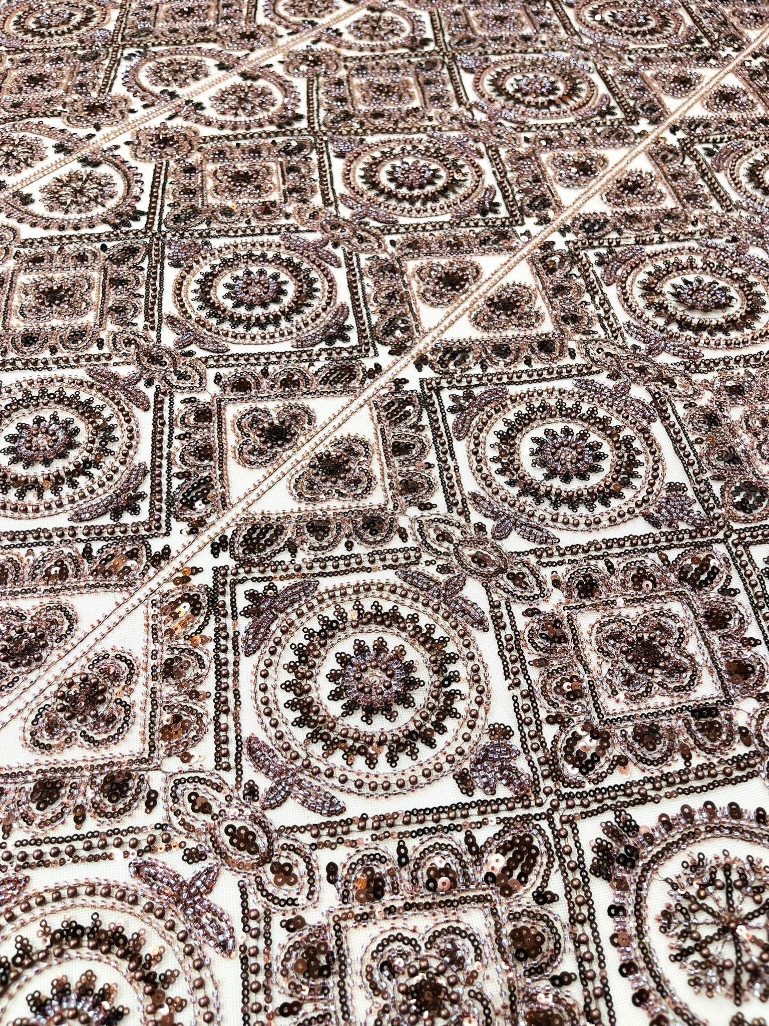 Beaded Lace Fabric, Heavy Embroidered Geometric Design on 58" Mesh - New Creations Fabric & Foam Inc