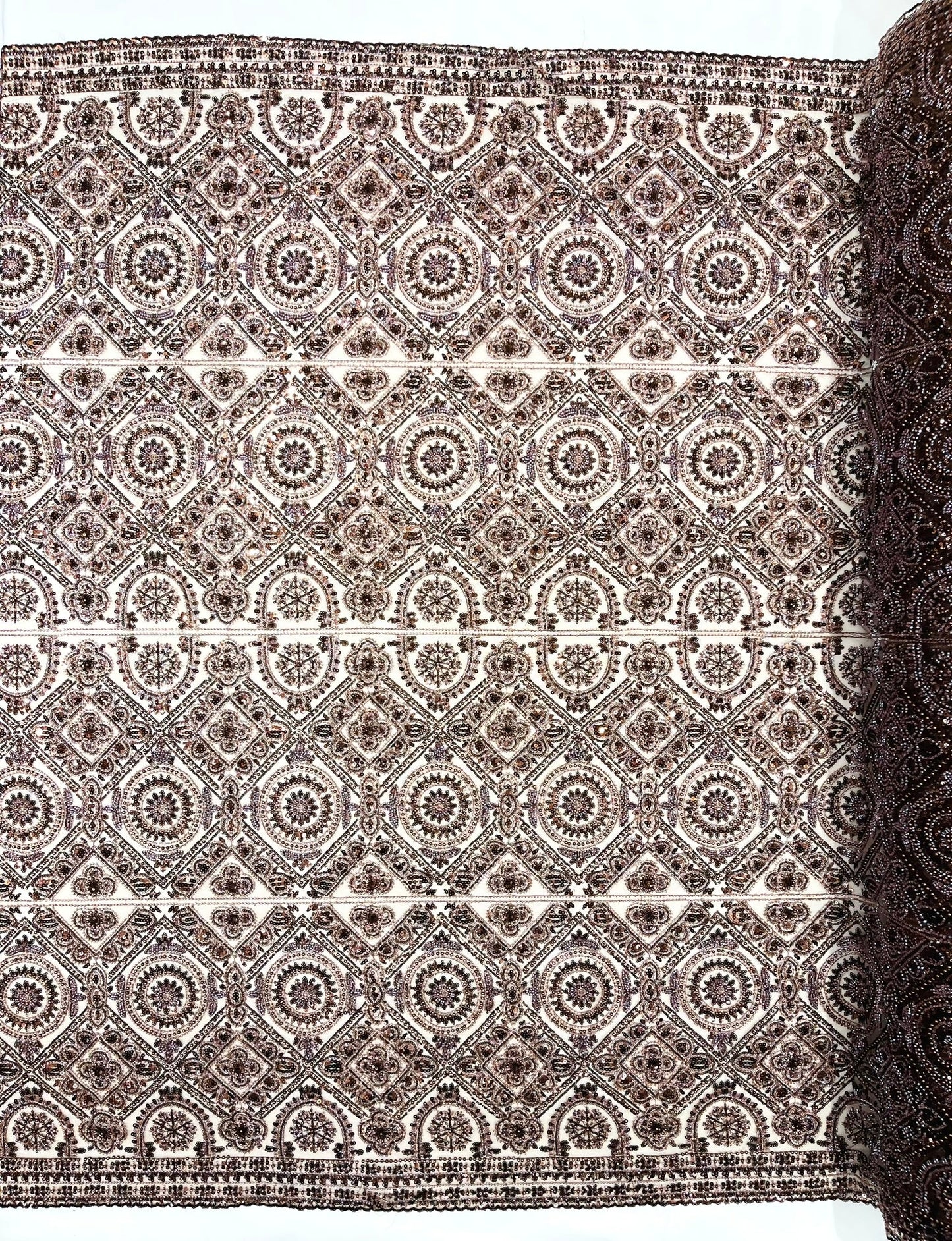 Beaded Lace Fabric, Heavy Embroidered Geometric Design on 58" Mesh - New Creations Fabric & Foam Inc