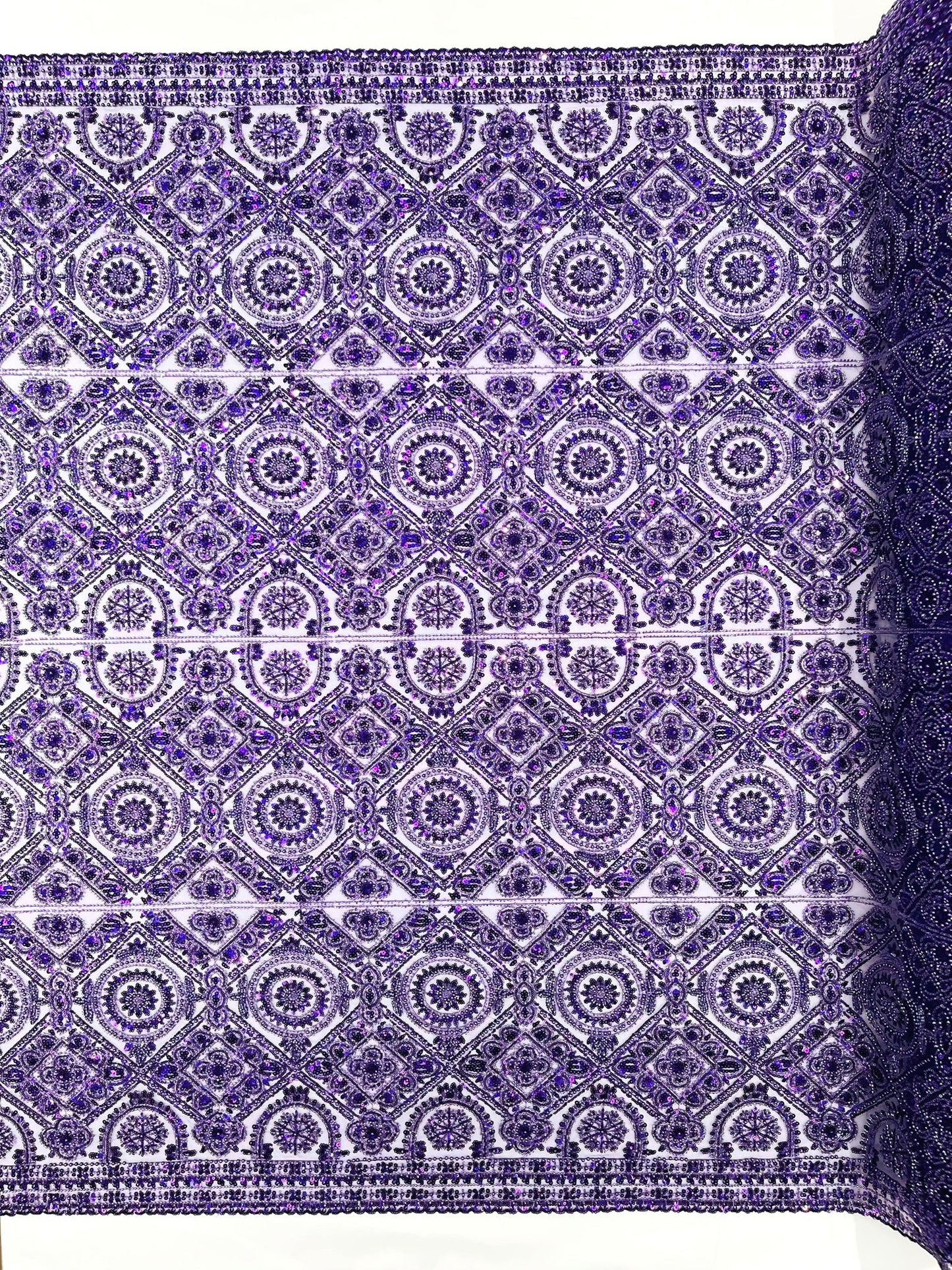 Beaded Lace Fabric, Heavy Embroidered Geometric Design on 58" Mesh - New Creations Fabric & Foam Inc