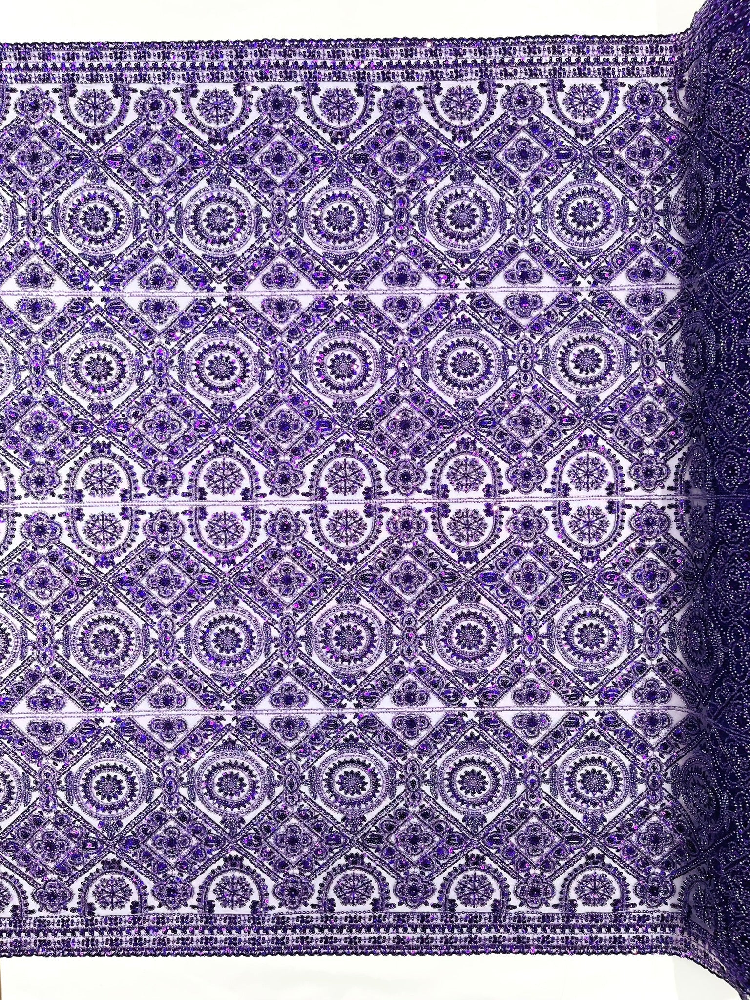 Beaded Lace Fabric, Heavy Embroidered Geometric Design on 58" Mesh - New Creations Fabric & Foam Inc