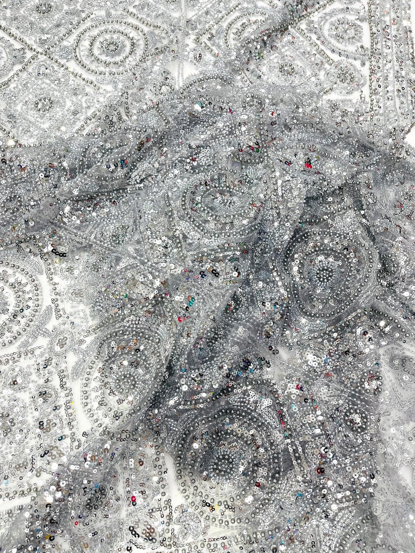 Beaded Lace Fabric, Heavy Embroidered Geometric Design on 58" Mesh - New Creations Fabric & Foam Inc