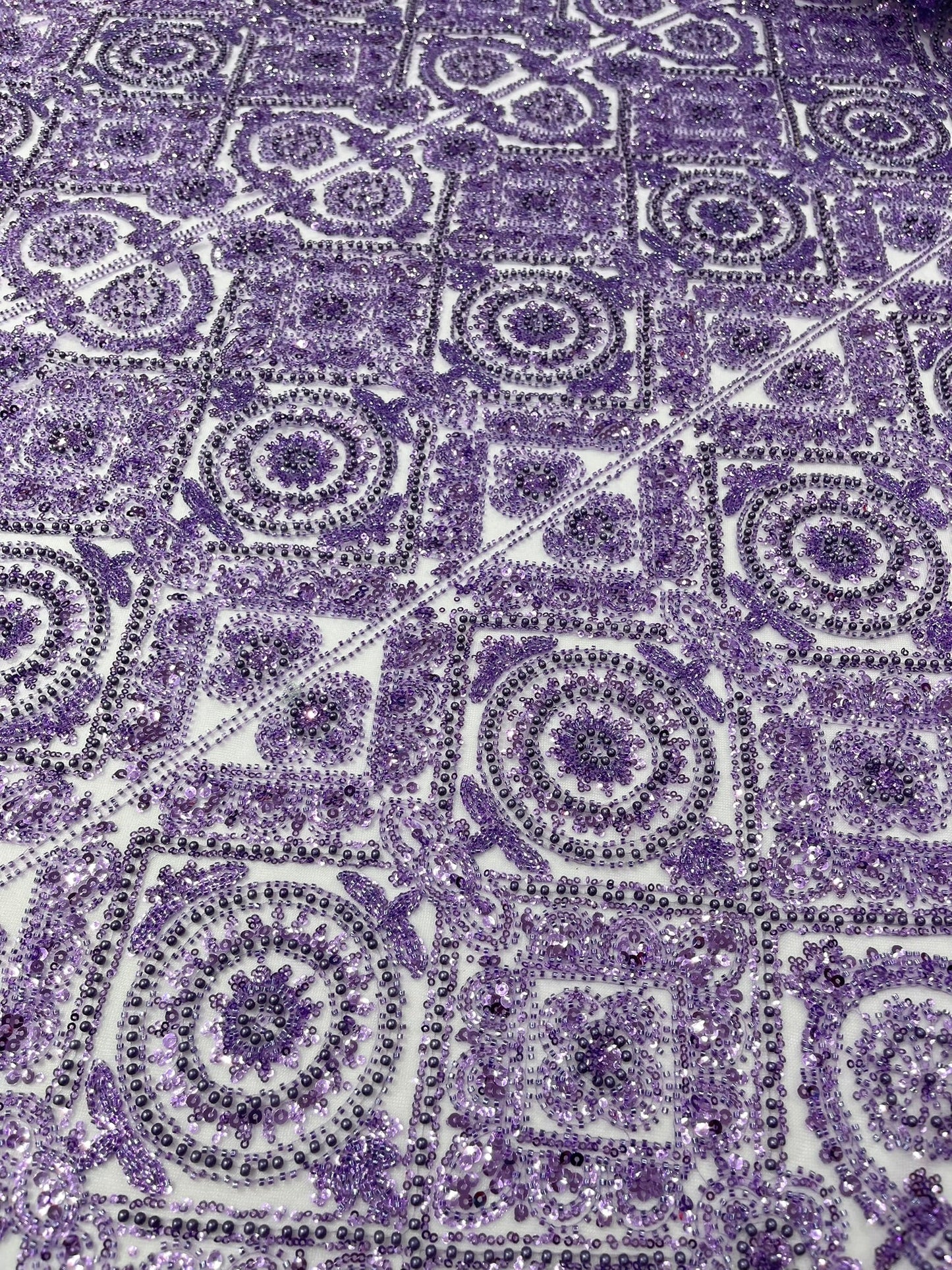 Beaded Lace Fabric, Heavy Embroidered Geometric Design on 58" Mesh - New Creations Fabric & Foam Inc