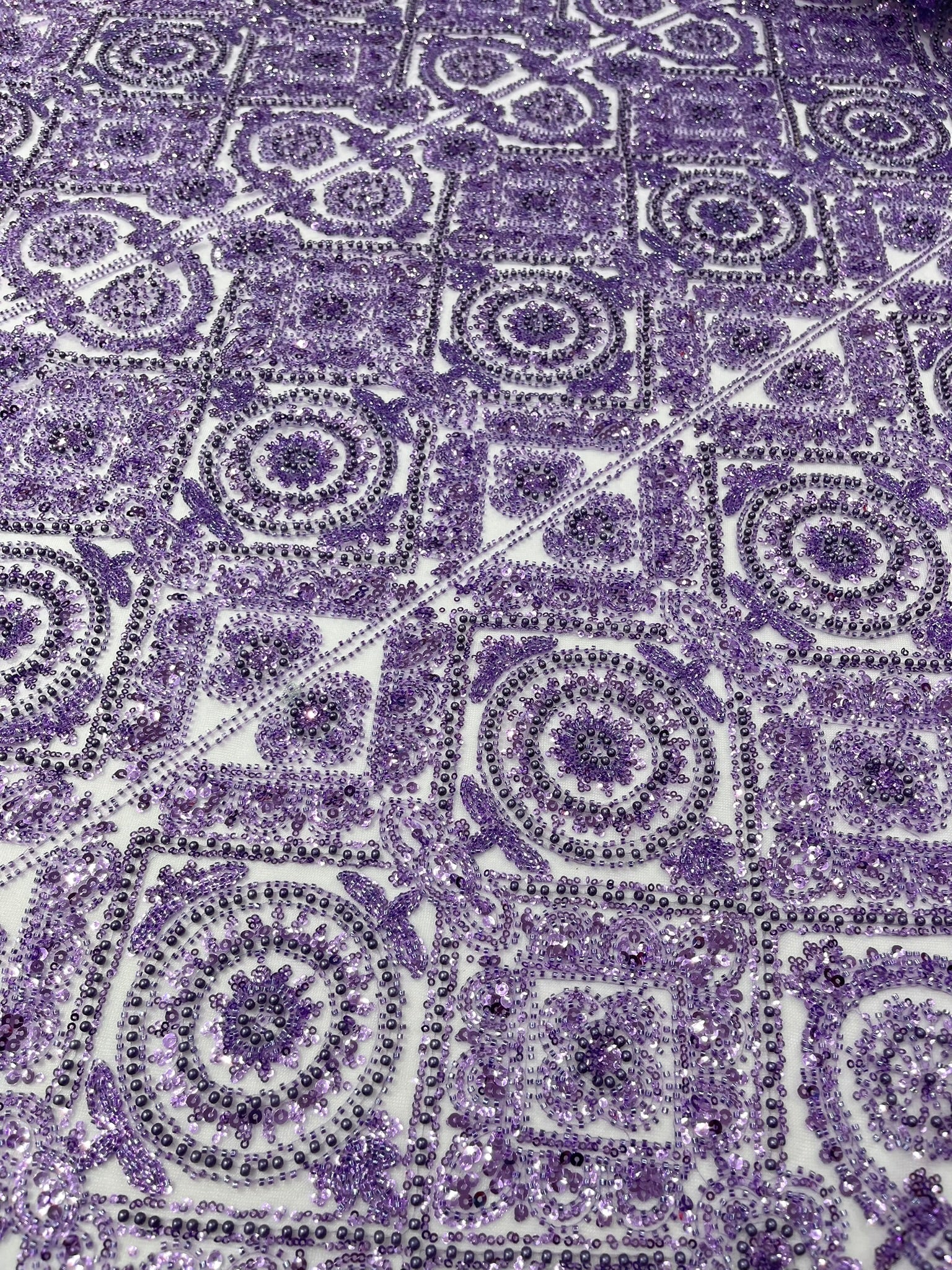 Beaded Lace Fabric, Heavy Embroidered Geometric Design on 58" Mesh - New Creations Fabric & Foam Inc