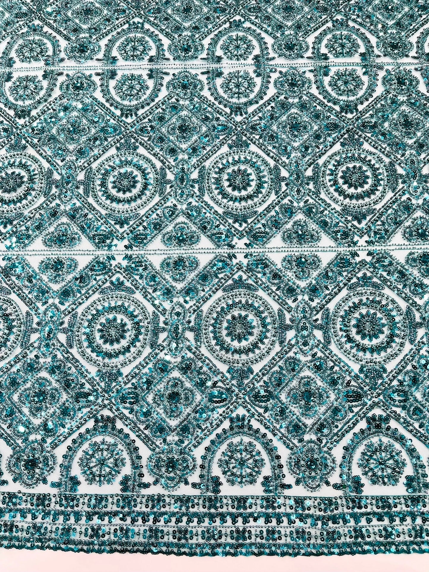 Beaded Lace Fabric, Heavy Embroidered Geometric Design on 58" Mesh - New Creations Fabric & Foam Inc