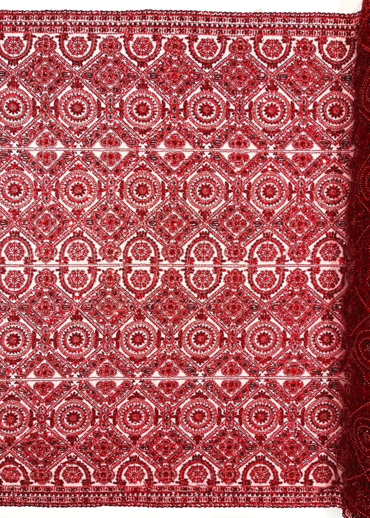 Beaded Lace Fabric, Heavy Embroidered Geometric Design on 58" Mesh - New Creations Fabric & Foam Inc