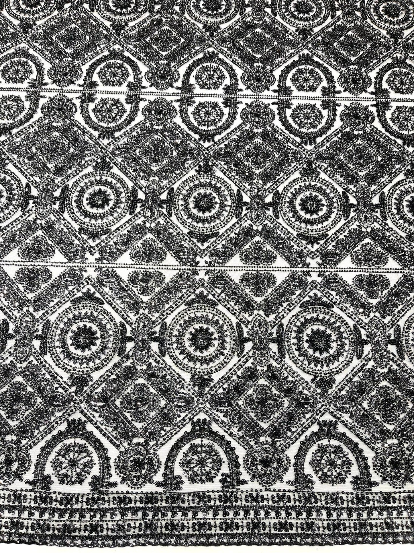 Beaded Lace Fabric, Heavy Embroidered Geometric Design on 58" Mesh - New Creations Fabric & Foam Inc