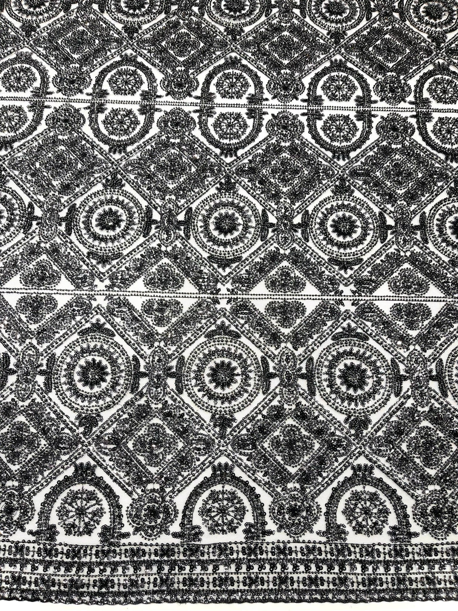 Beaded Lace Fabric, Heavy Embroidered Geometric Design on 58" Mesh - New Creations Fabric & Foam Inc