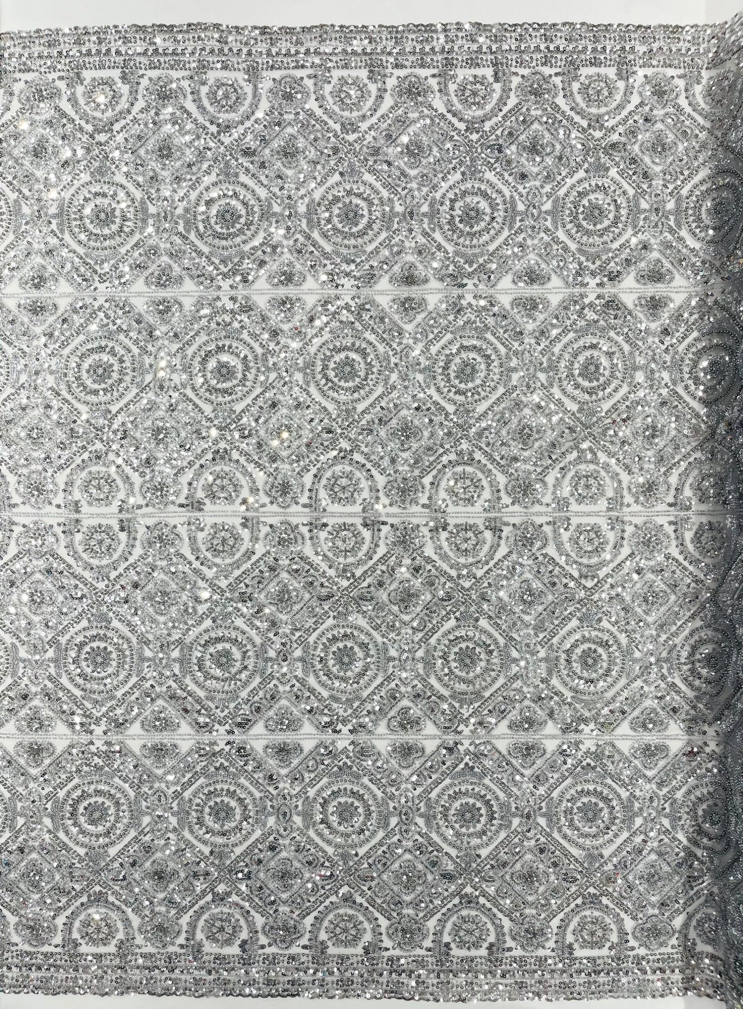 Beaded Lace Fabric, Heavy Embroidered Geometric Design on 58" Mesh - New Creations Fabric & Foam Inc