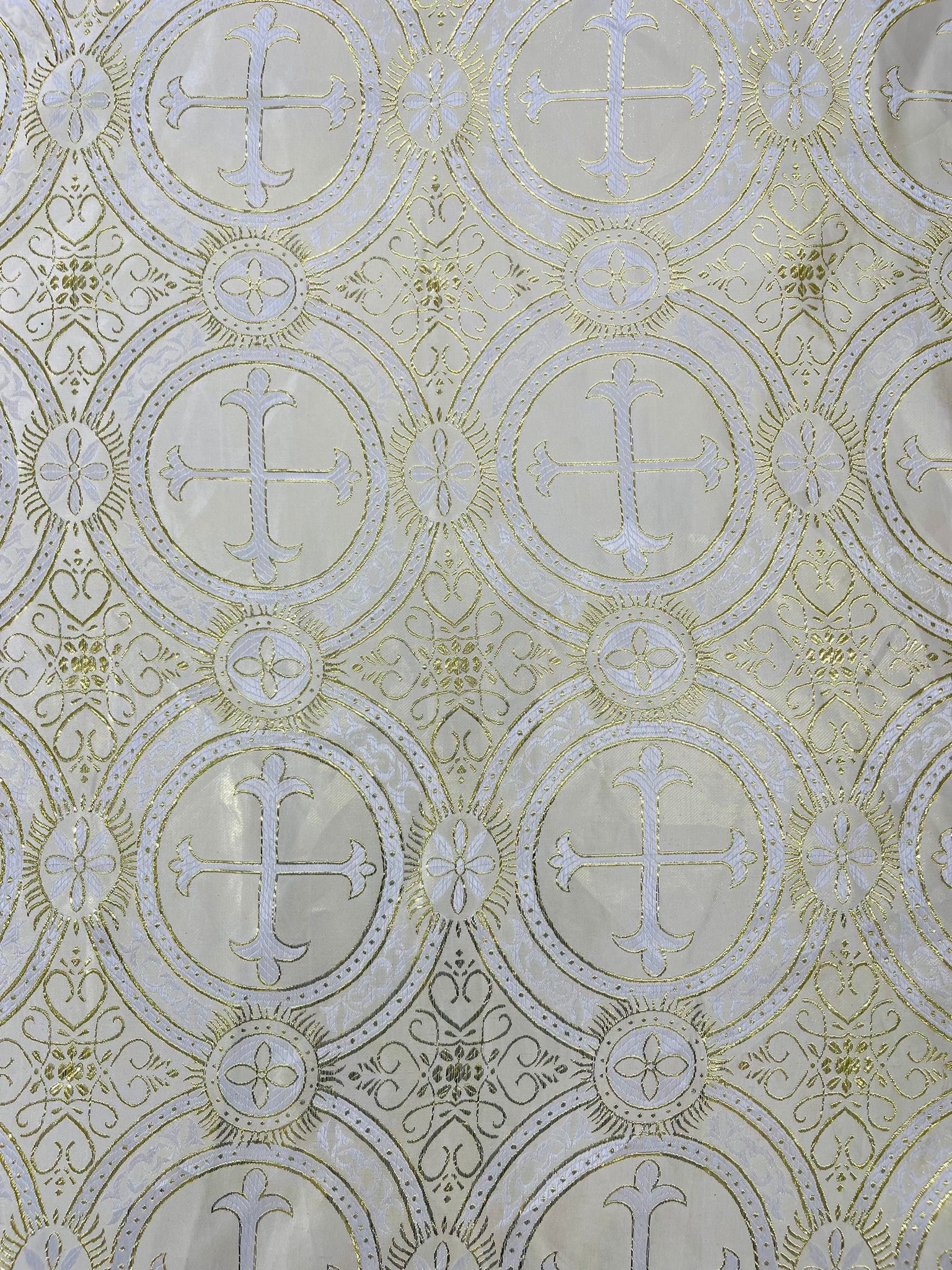 Beige/Gold - Rectangular Metallic Cross Brocade Jacquard Satin Tablecloth Overlay/Religious Brocade/Liturgical Fabric/Church. - New Creations Fabric & Foam Inc
