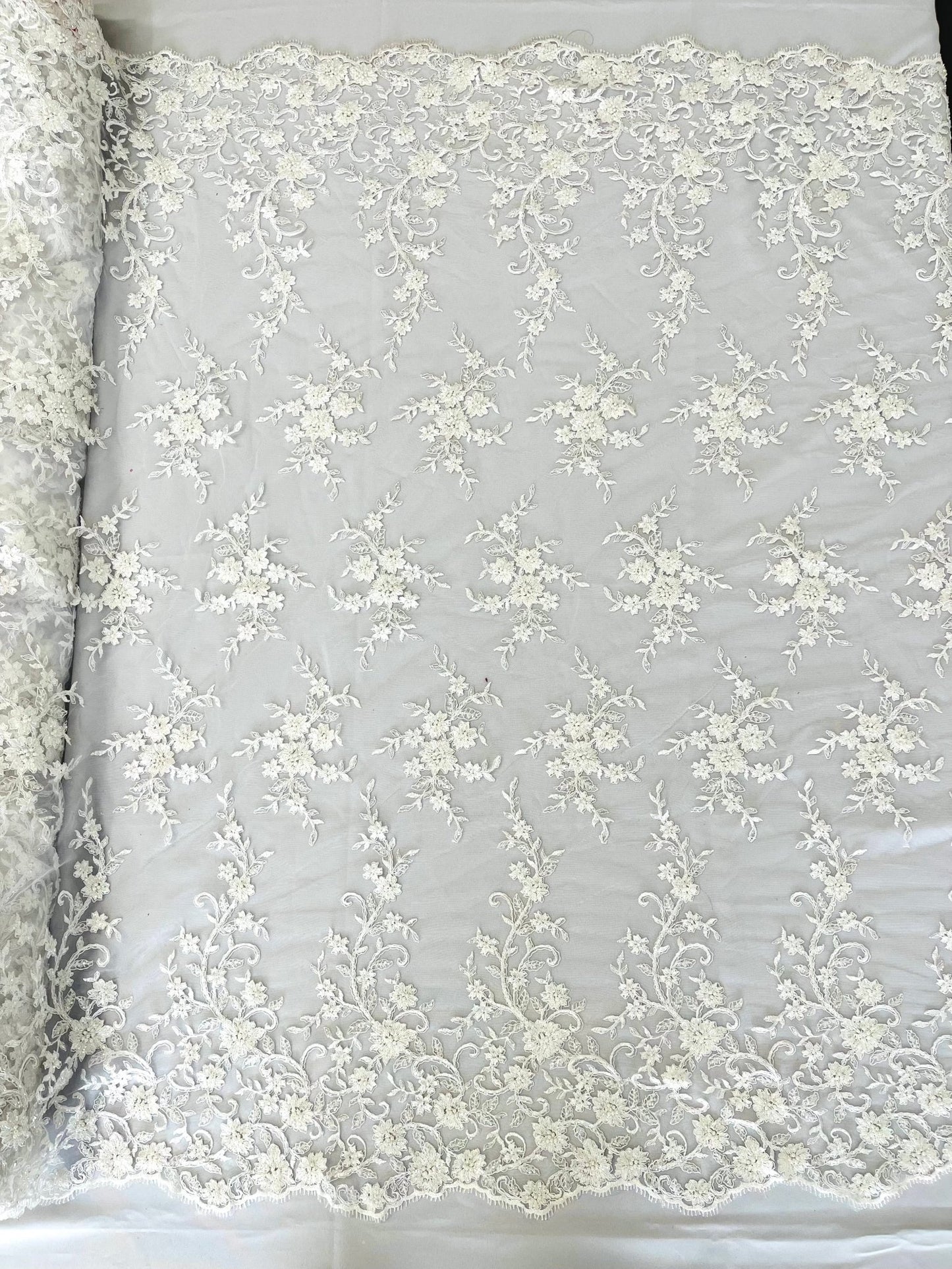 BIG FLORAL DAMASK BEADED MESH LACE FABRIC (By The Yard) - New Creations Fabric & Foam Inc