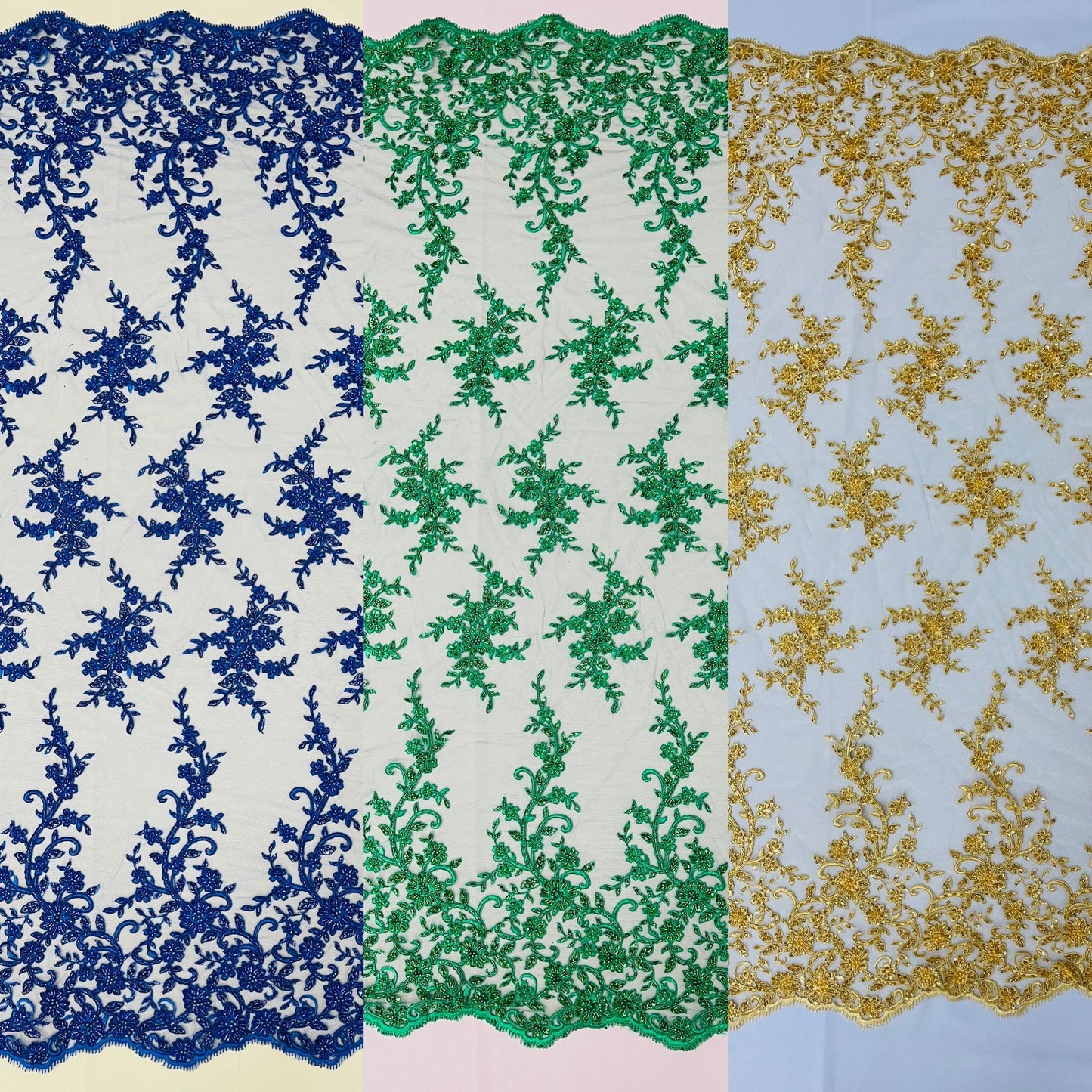 BIG FLORAL DAMASK BEADED MESH LACE FABRIC (By The Yard) - New Creations Fabric & Foam Inc