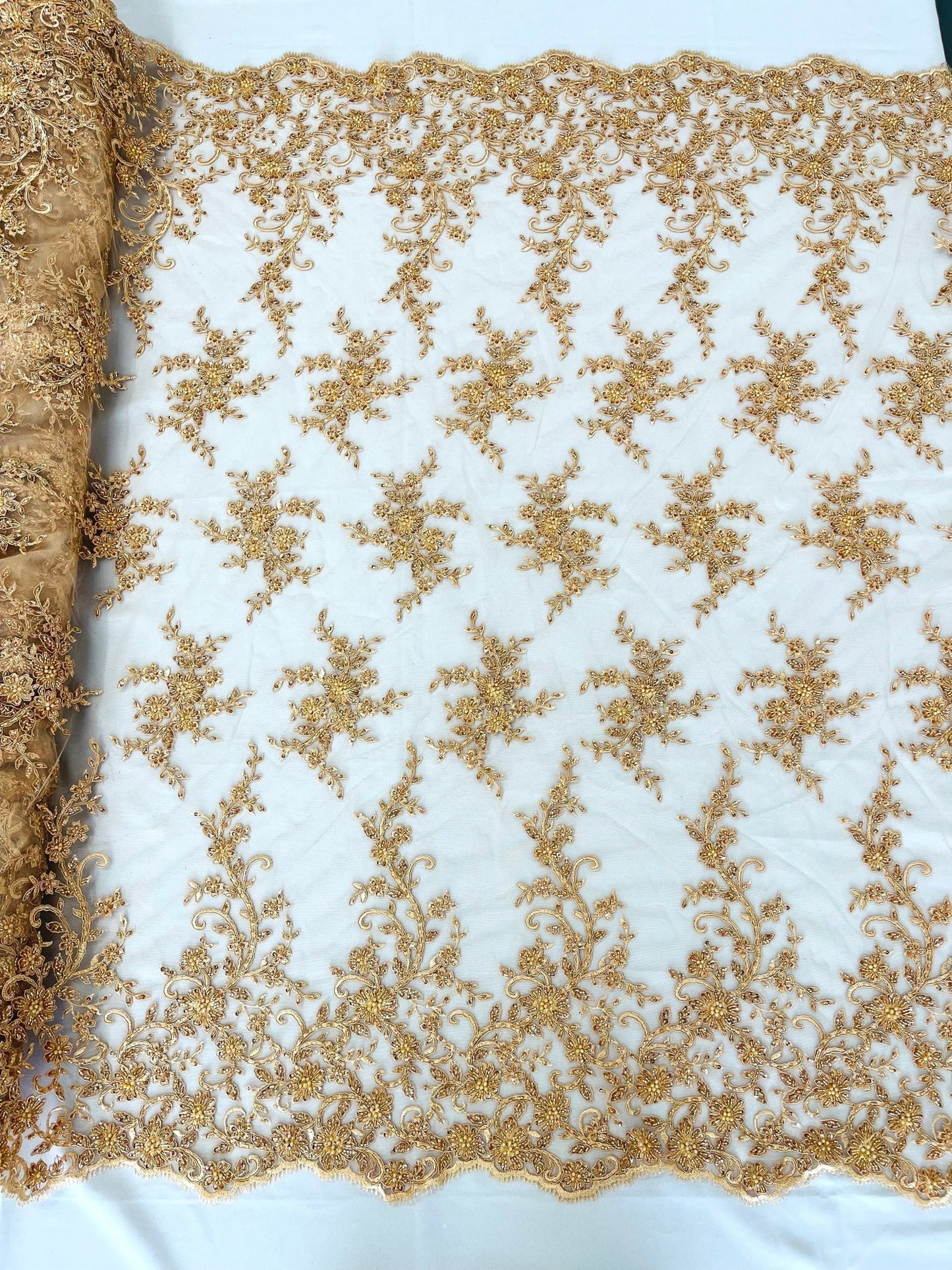 BIG FLORAL DAMASK BEADED MESH LACE FABRIC (By The Yard) - New Creations Fabric & Foam Inc