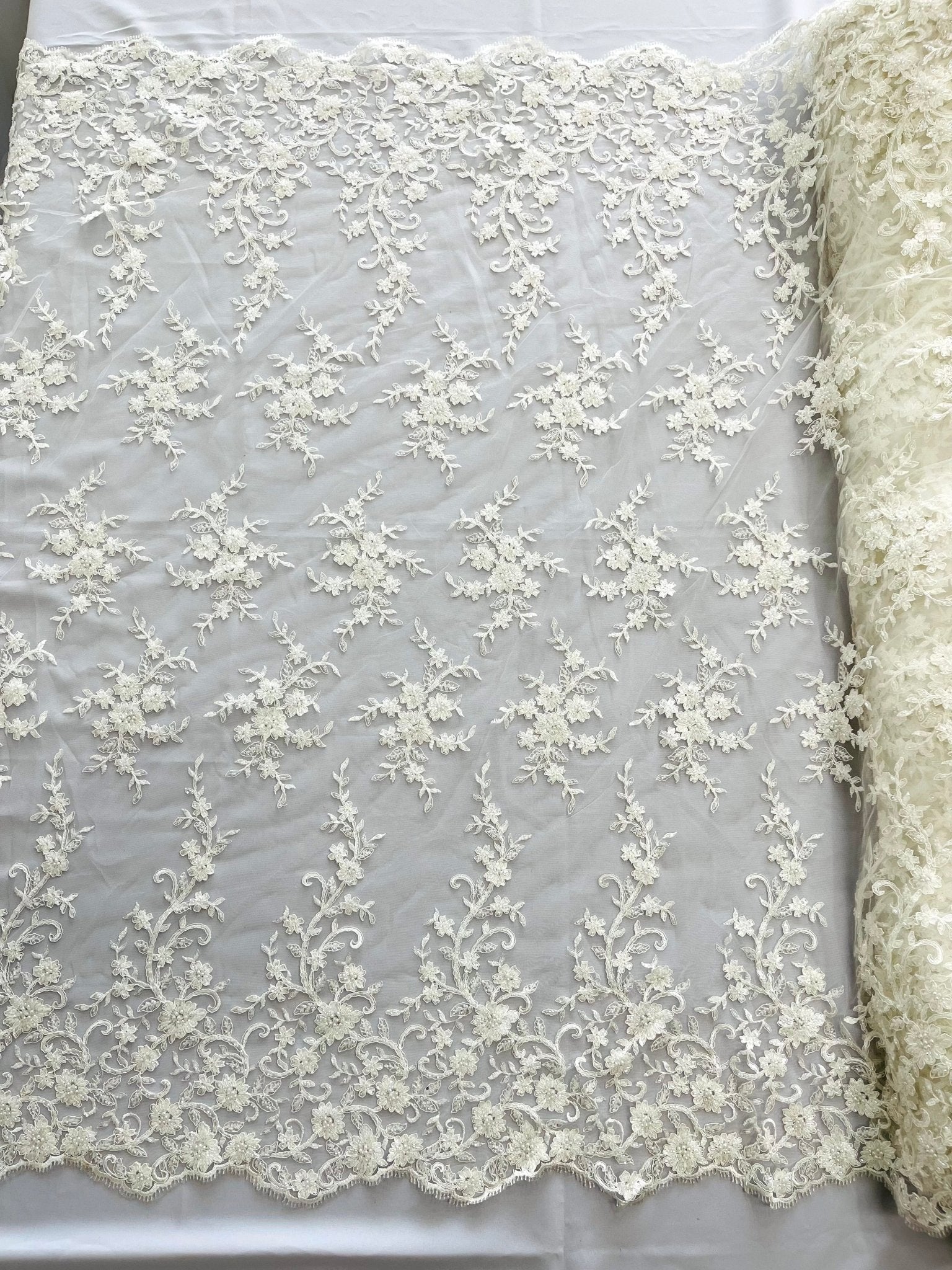 BIG FLORAL DAMASK BEADED MESH LACE FABRIC (By The Yard) - New Creations Fabric & Foam Inc