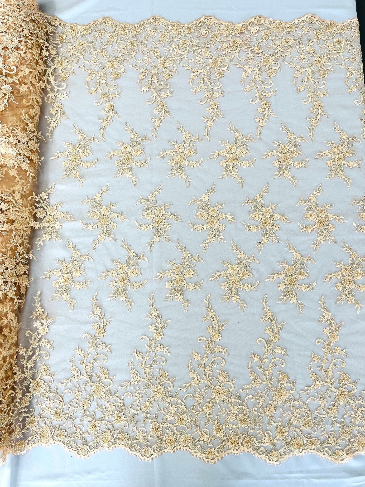 BIG FLORAL DAMASK BEADED MESH LACE FABRIC (By The Yard) - New Creations Fabric & Foam Inc