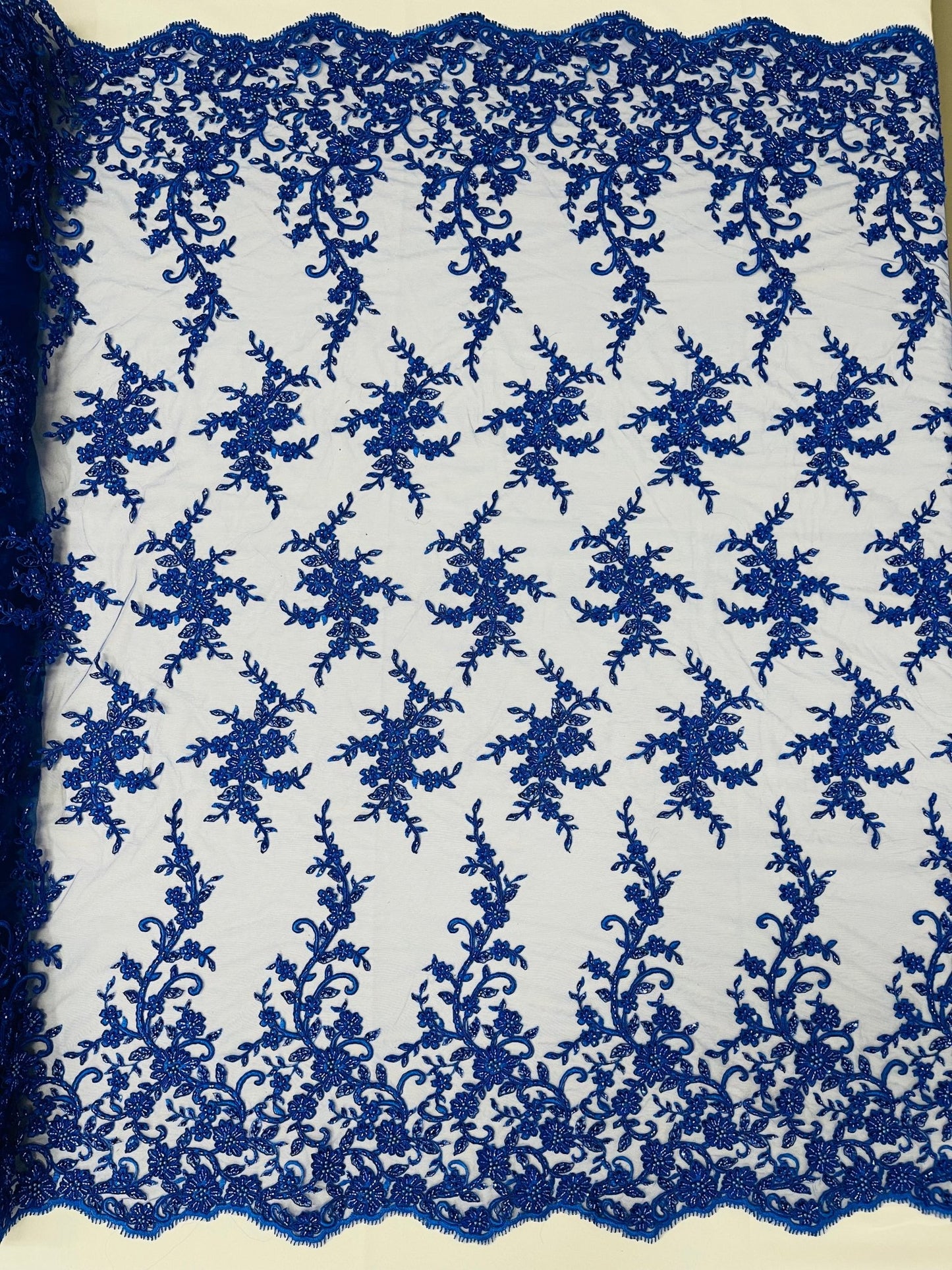 BIG FLORAL DAMASK BEADED MESH LACE FABRIC (By The Yard) - New Creations Fabric & Foam Inc