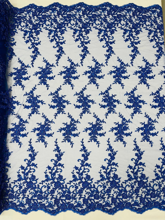 BIG FLORAL DAMASK BEADED MESH LACE FABRIC (By The Yard) - New Creations Fabric & Foam Inc