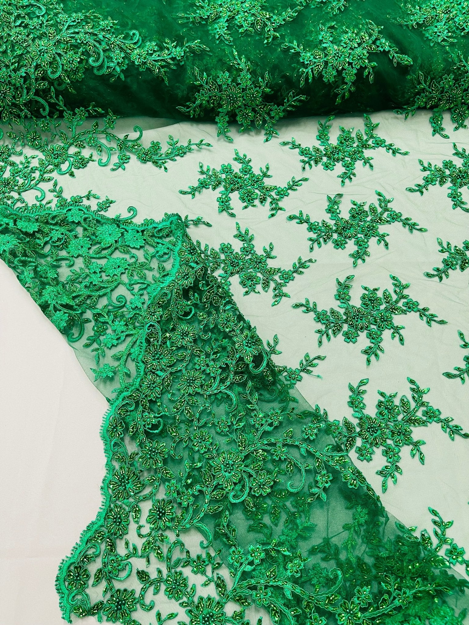 BIG FLORAL DAMASK BEADED MESH LACE FABRIC (By The Yard) - New Creations Fabric & Foam Inc