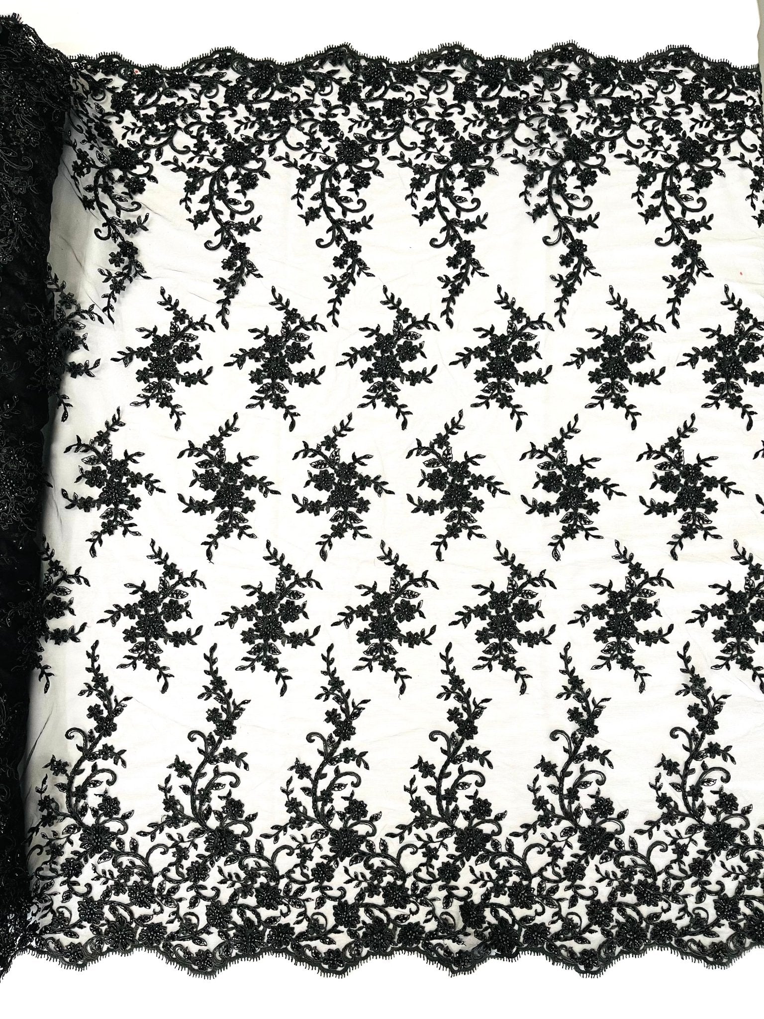 BIG FLORAL DAMASK BEADED MESH LACE FABRIC (By The Yard) - New Creations Fabric & Foam Inc