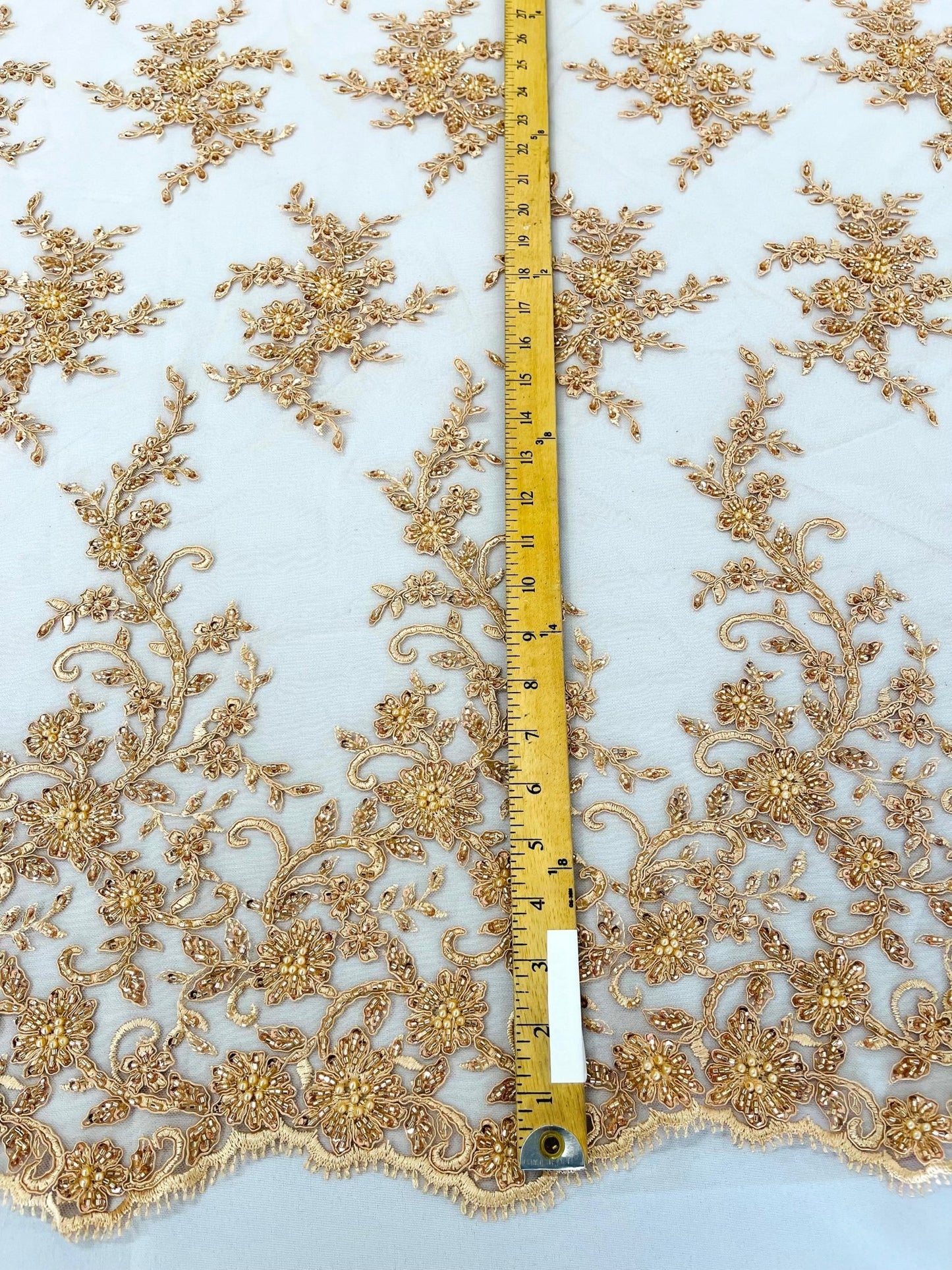 BIG FLORAL DAMASK BEADED MESH LACE FABRIC (By The Yard) - New Creations Fabric & Foam Inc