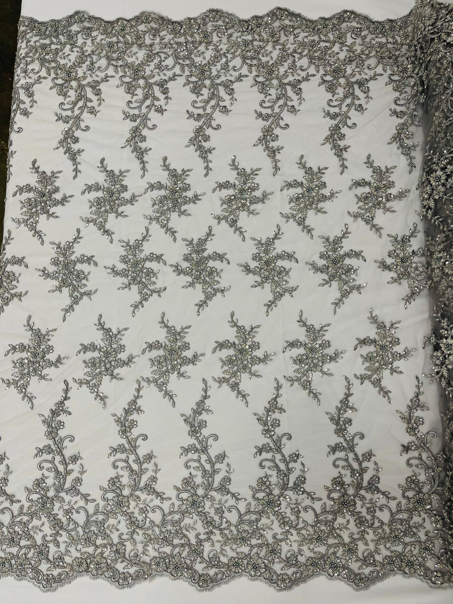 BIG FLORAL DAMASK BEADED MESH LACE FABRIC (By The Yard) - New Creations Fabric & Foam Inc