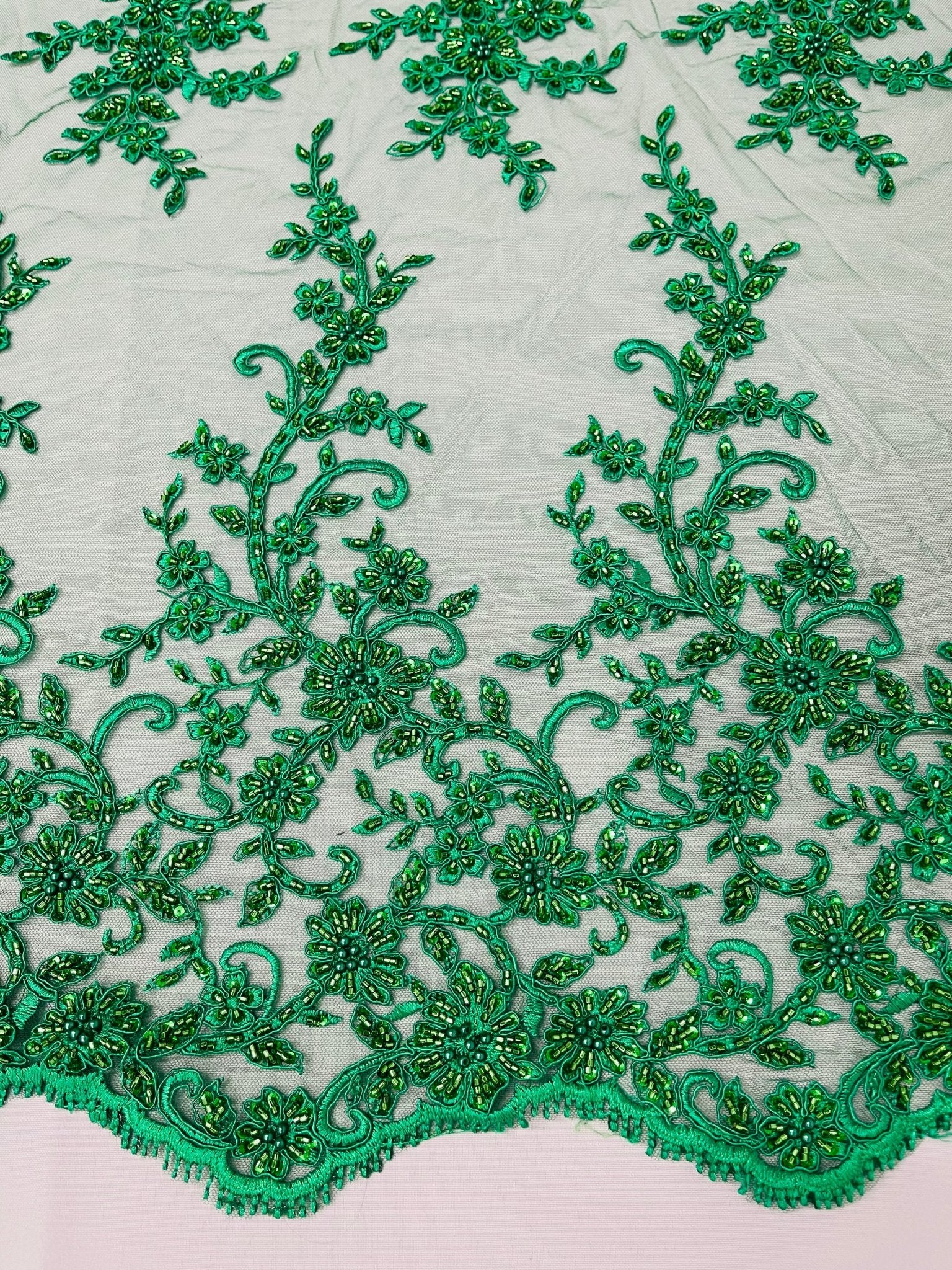 BIG FLORAL DAMASK BEADED MESH LACE FABRIC (By The Yard) - New Creations Fabric & Foam Inc