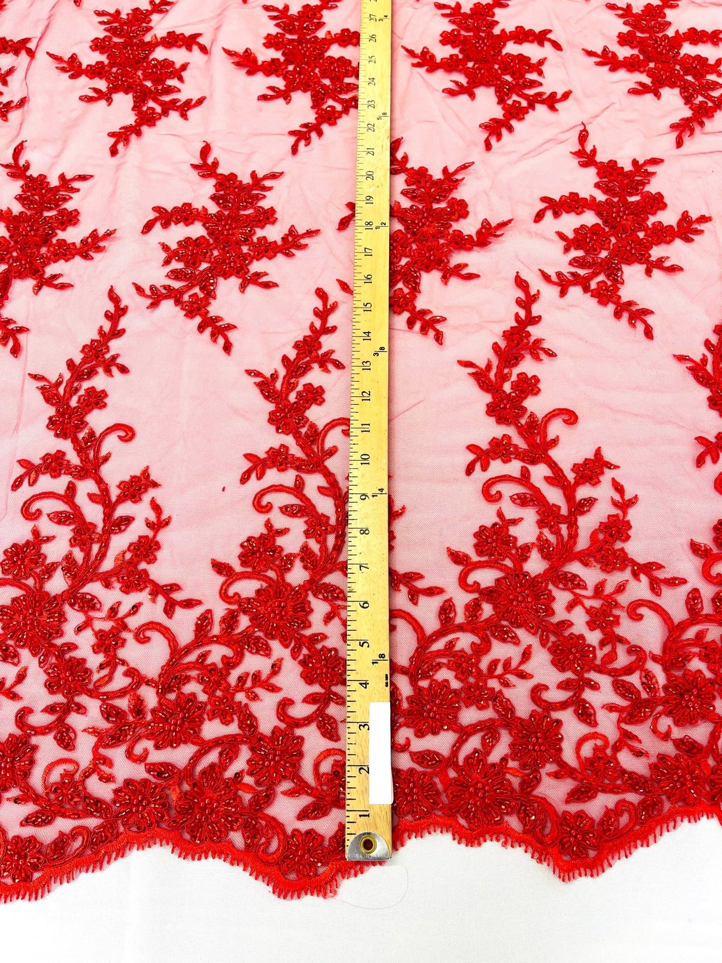BIG FLORAL DAMASK BEADED MESH LACE FABRIC (By The Yard) - New Creations Fabric & Foam Inc
