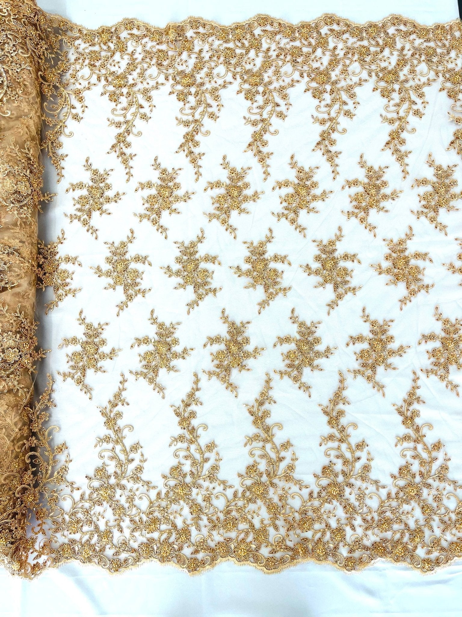 BIG FLORAL DAMASK BEADED MESH LACE FABRIC (By The Yard) - New Creations Fabric & Foam Inc