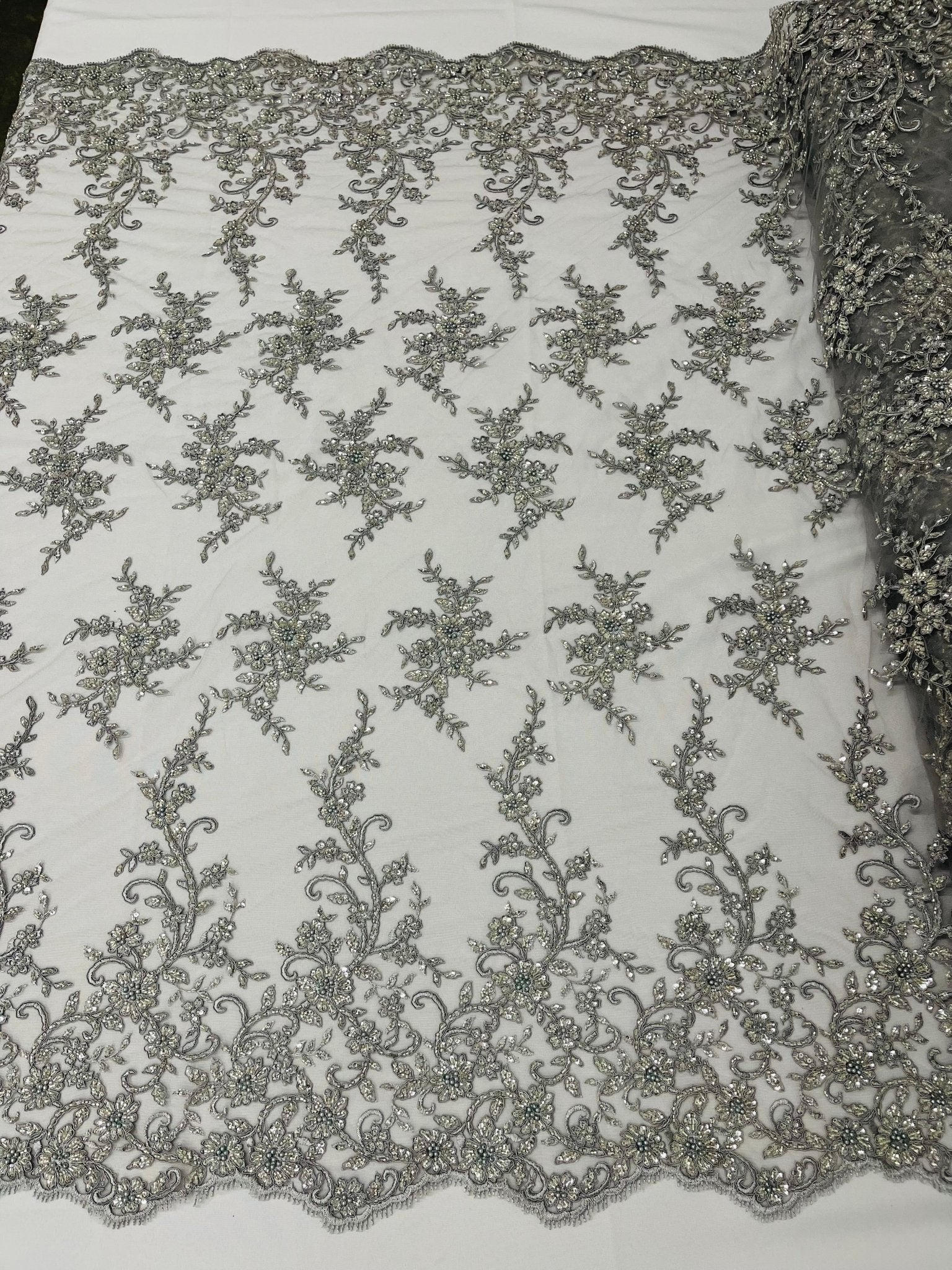 BIG FLORAL DAMASK BEADED MESH LACE FABRIC (By The Yard) - New Creations Fabric & Foam Inc