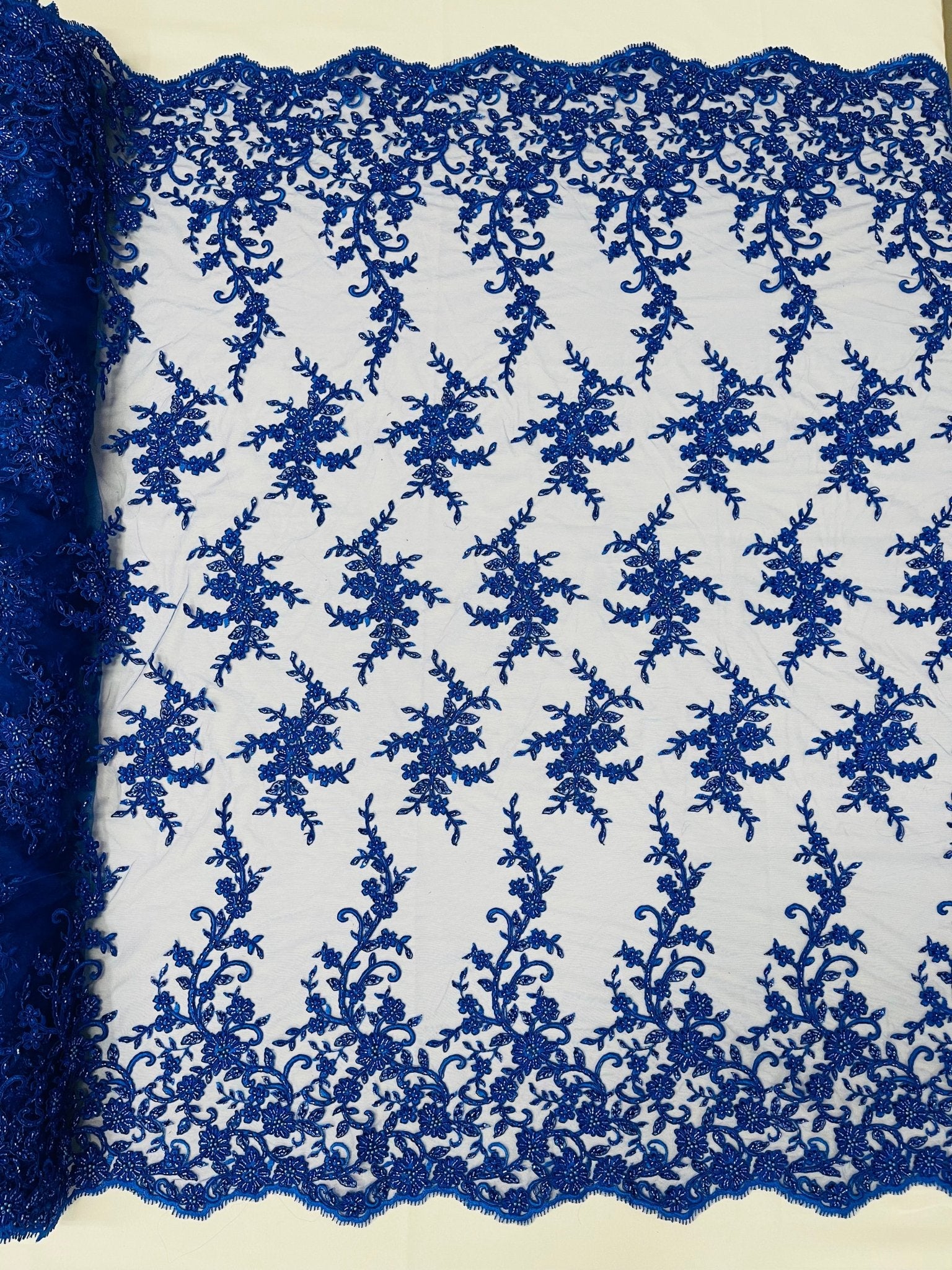 BIG FLORAL DAMASK BEADED MESH LACE FABRIC (By The Yard) - New Creations Fabric & Foam Inc