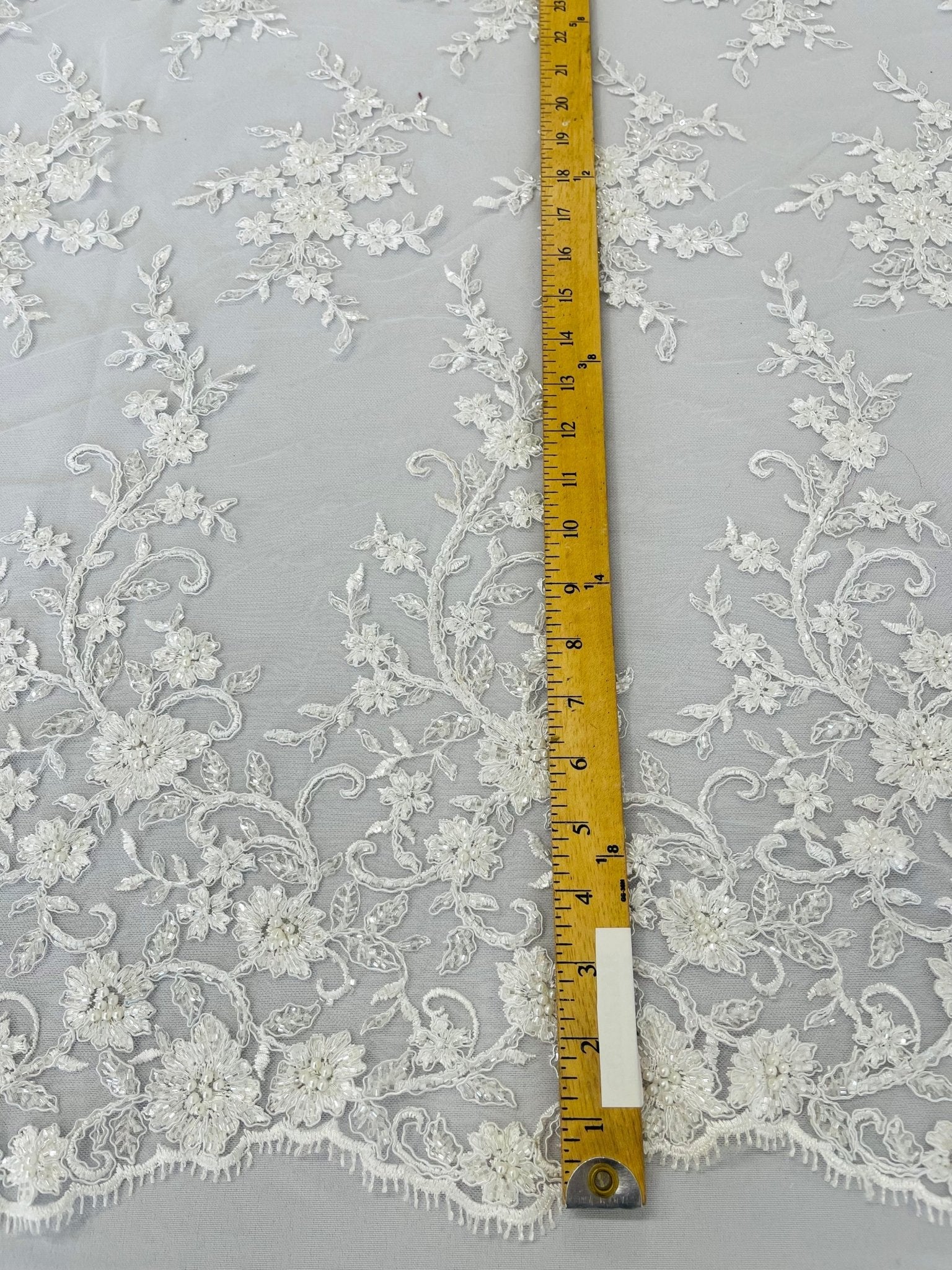 BIG FLORAL DAMASK BEADED MESH LACE FABRIC (By The Yard) - New Creations Fabric & Foam Inc