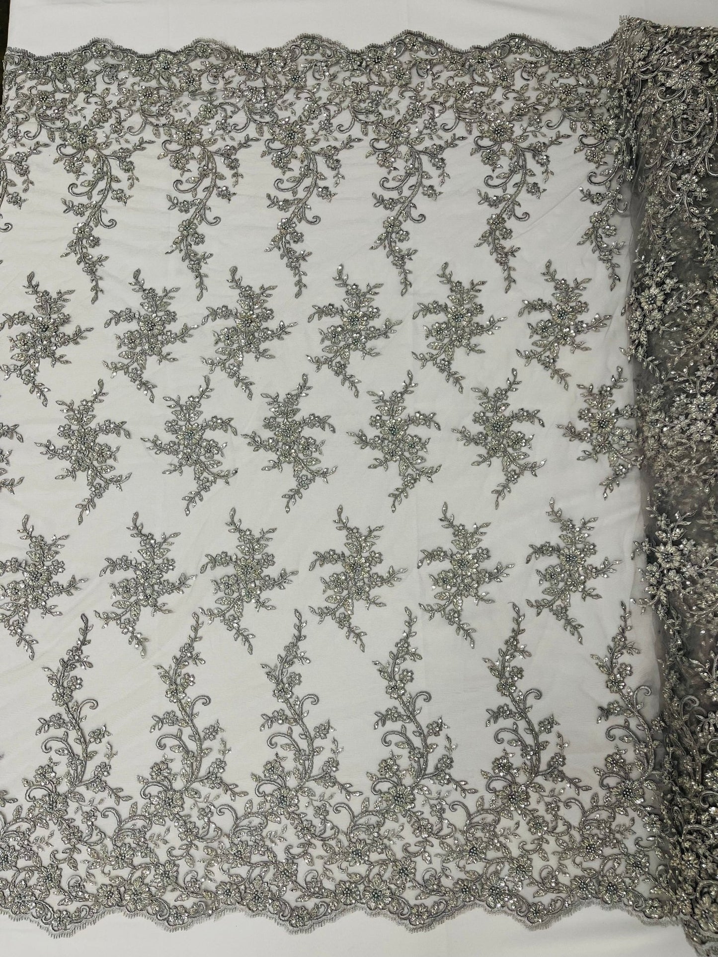 BIG FLORAL DAMASK BEADED MESH LACE FABRIC (By The Yard) - New Creations Fabric & Foam Inc