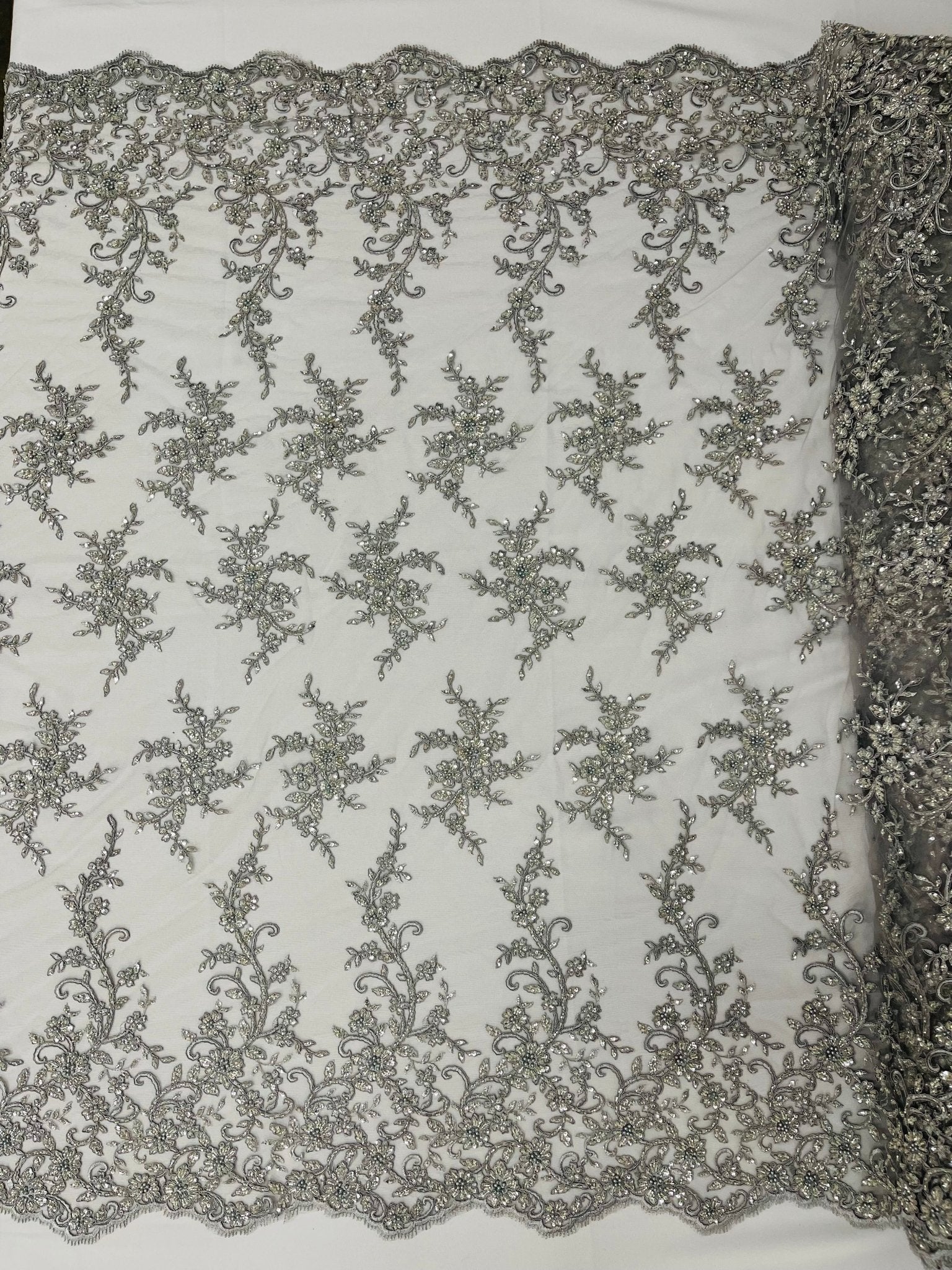 BIG FLORAL DAMASK BEADED MESH LACE FABRIC (By The Yard) - New Creations Fabric & Foam Inc
